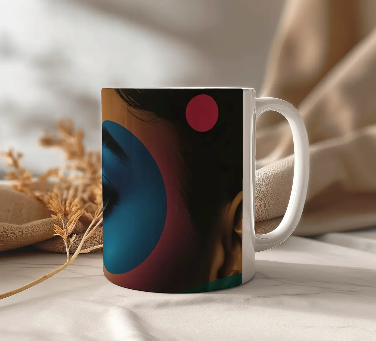 Volto di donna con ombretto blu e forme geometriche tazza in ceramica da DesignDoodle
