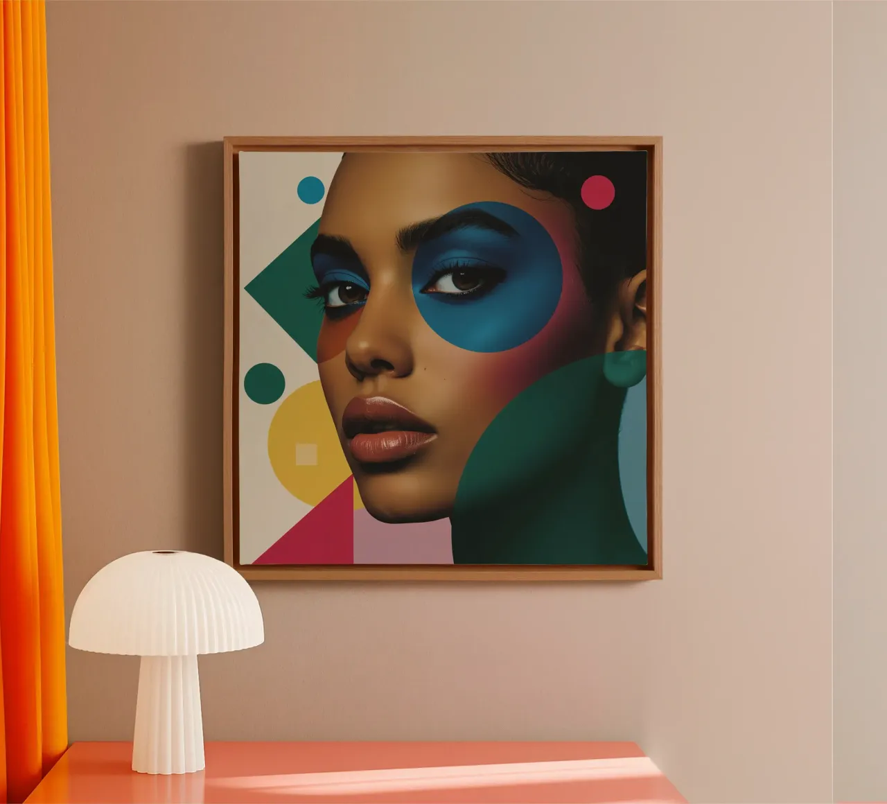 Volto di donna con ombretto blu e forme geometriche tela con Cornice a cassetta da DesignDoodle