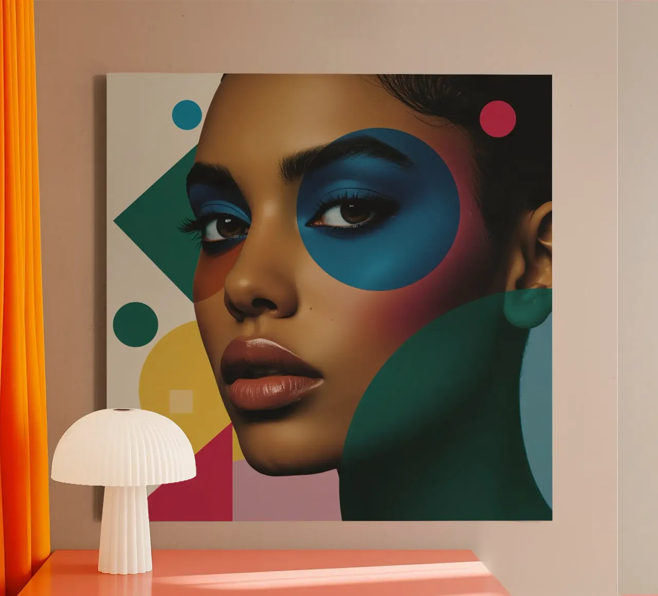 Volto di donna con ombretto blu e forme geometriche tela con Cornice a cassetta da DesignDoodle