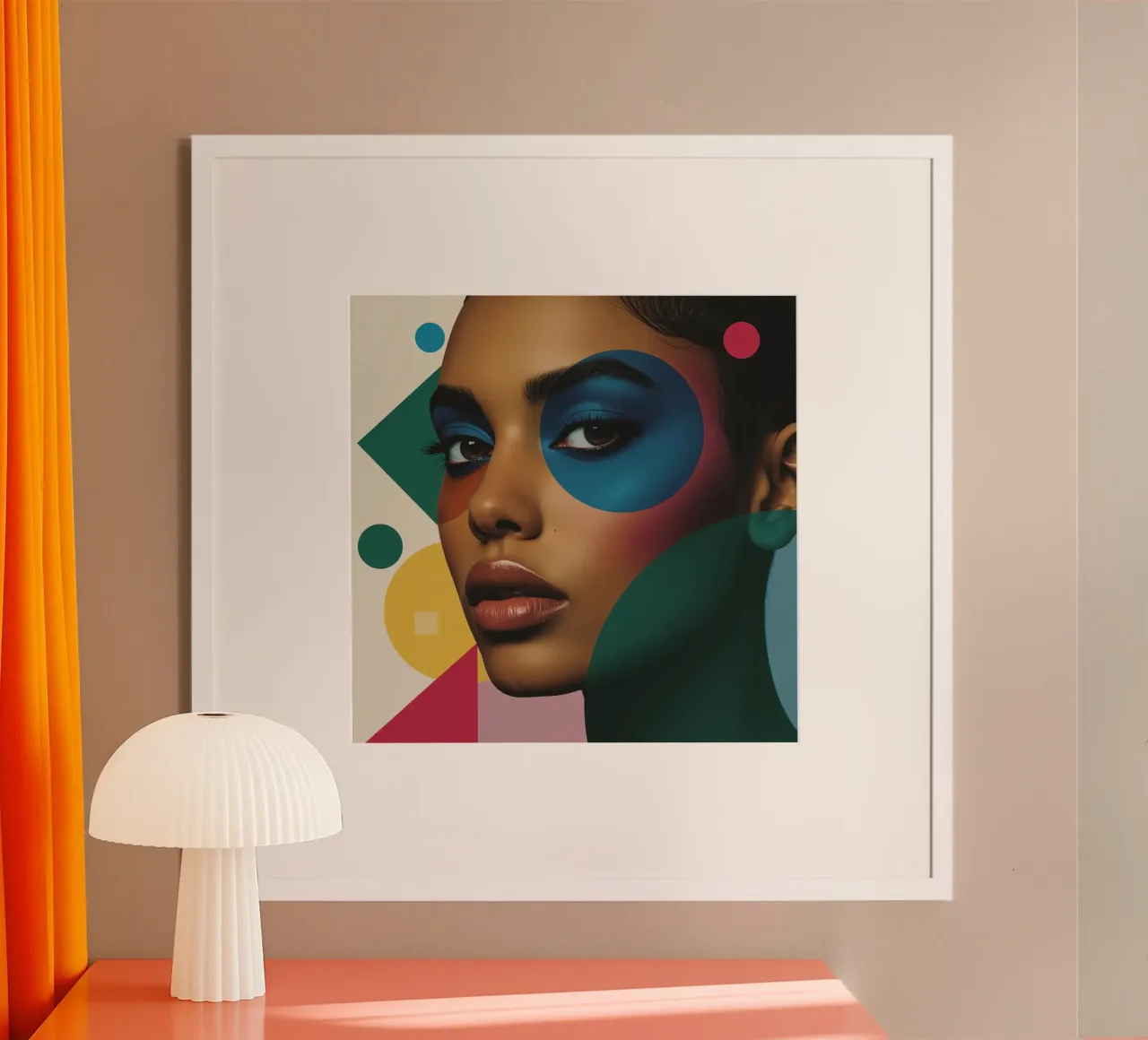Volto di donna con ombretto blu e forme geometriche poster con telaio in alluminio da DesignDoodle
