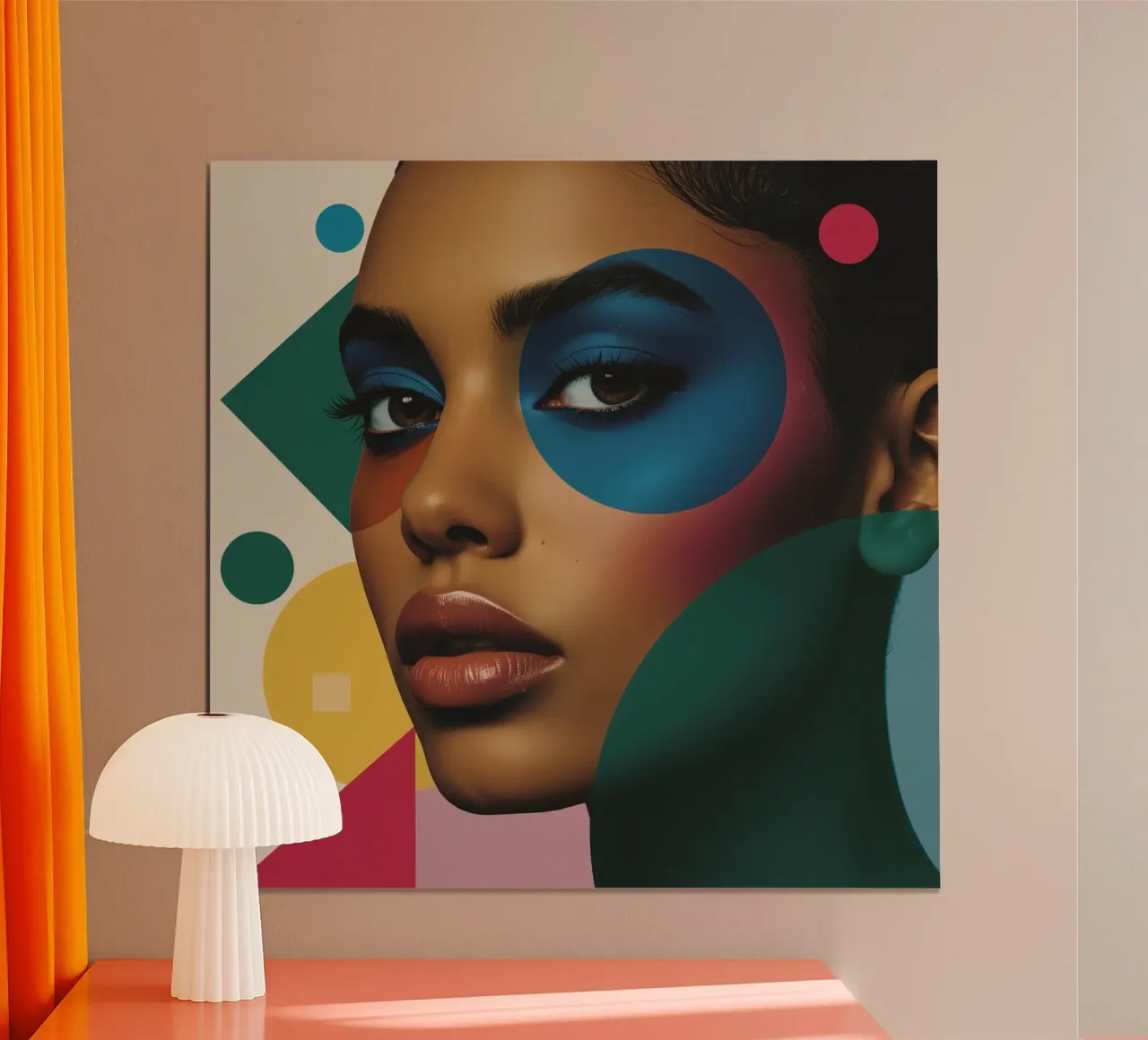 Volto di donna con ombretto blu e forme geometriche poster con telaio in alluminio da DesignDoodle
