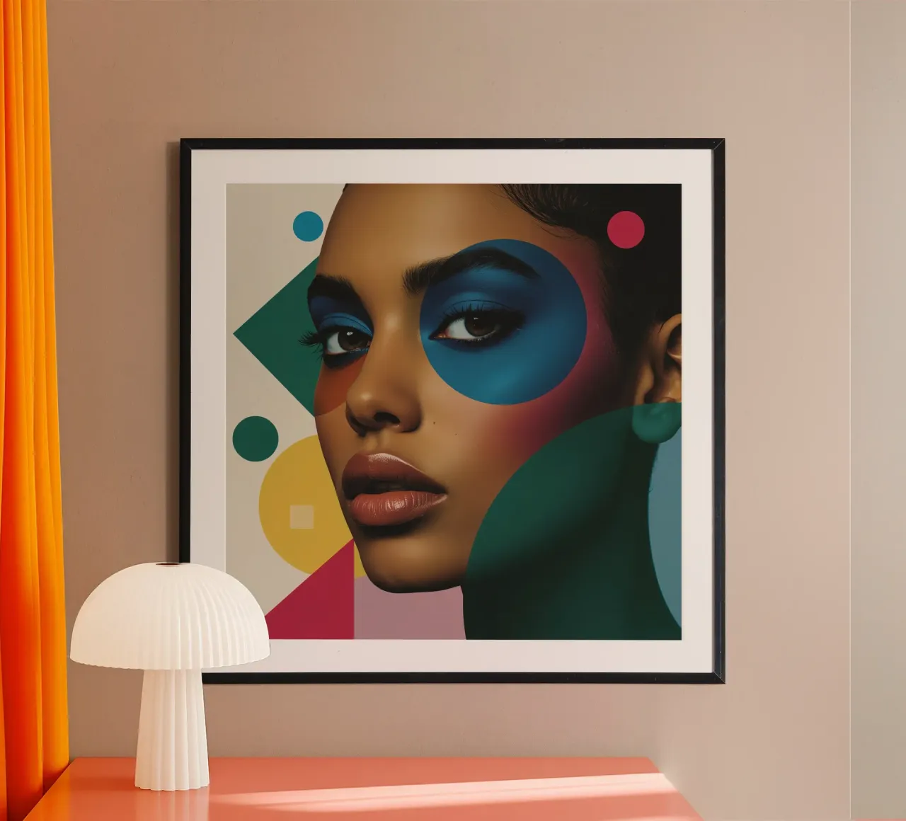 Volto di donna con ombretto blu e forme geometriche poster con telaio in alluminio da DesignDoodle