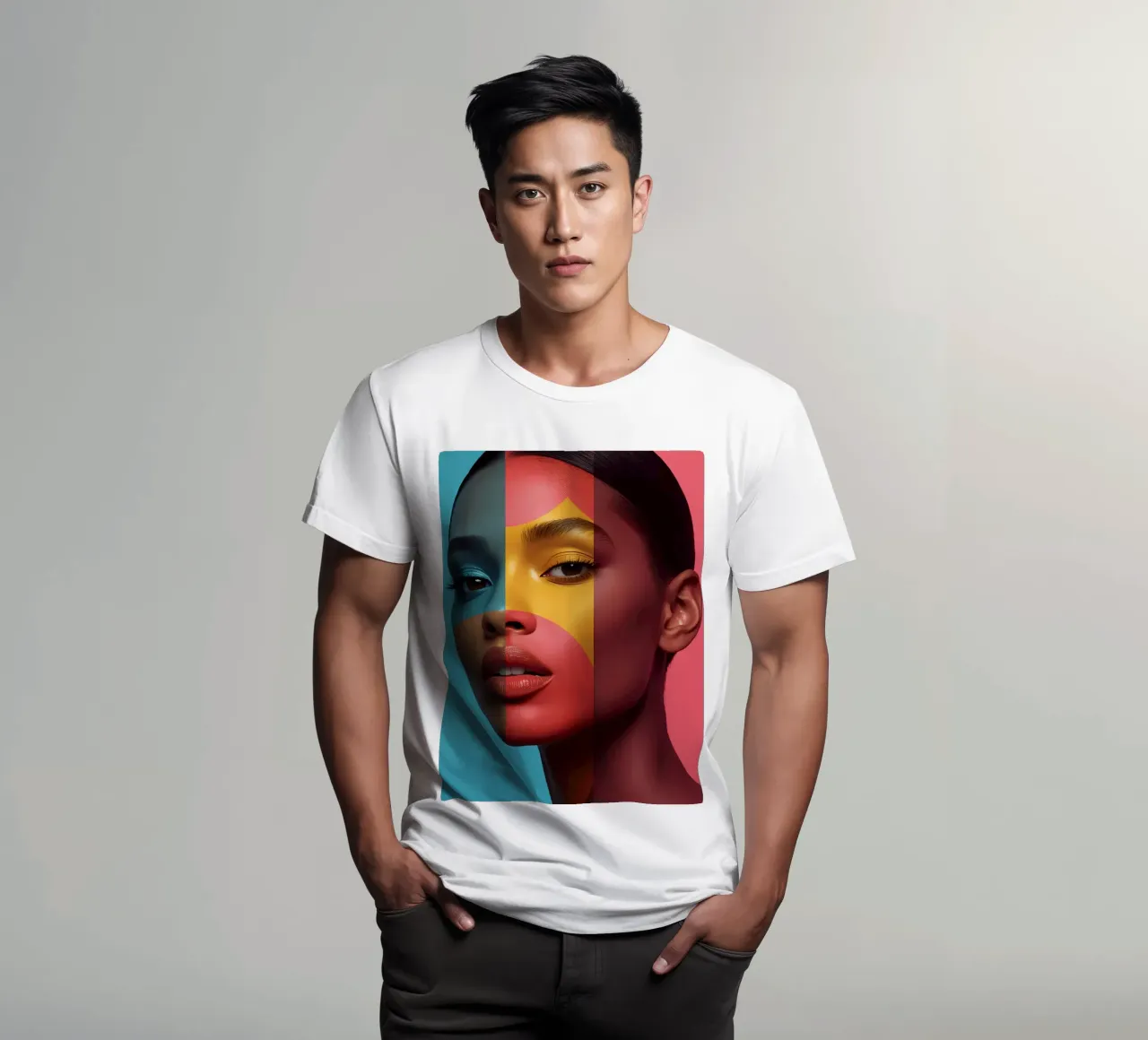 Woman's Face with Four Color Block Sections t-shirt by DesignDoodle