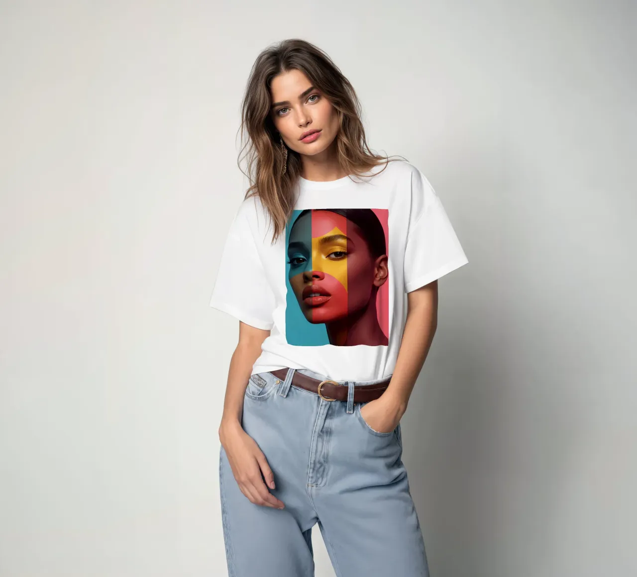 Woman's Face with Four Color Block Sections t-shirt by DesignDoodle