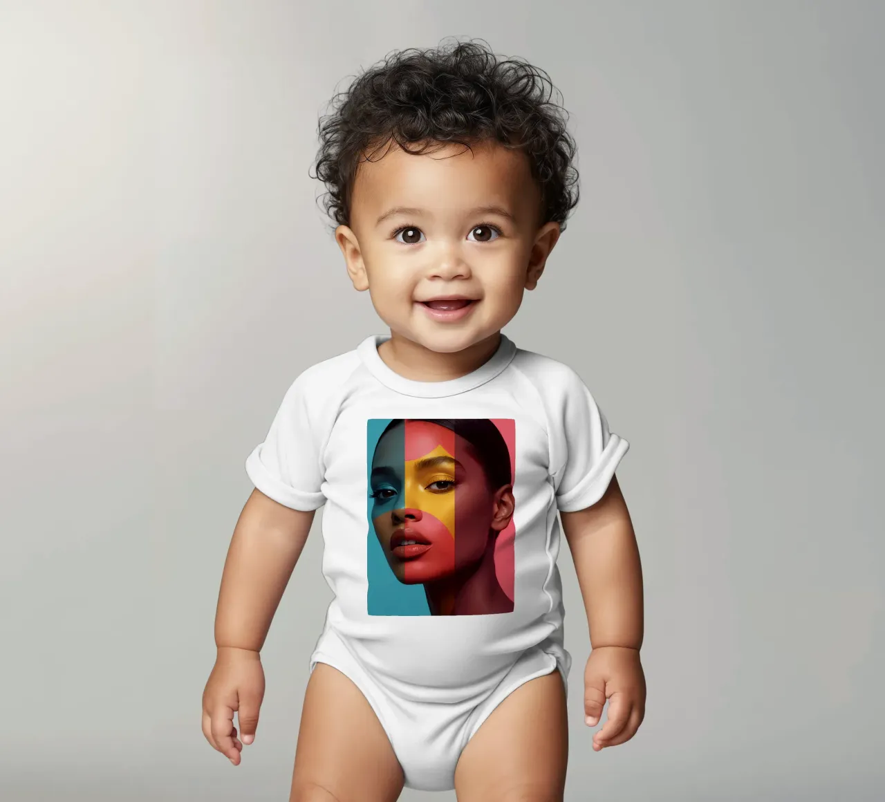 Woman's Face with Four Color Block Sections short-sleeve baby romper by DesignDoodle