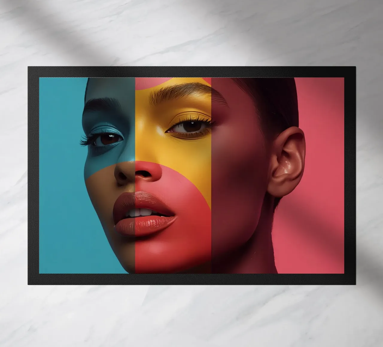 Woman's Face with Four Color Block Sections doormat by DesignDoodle