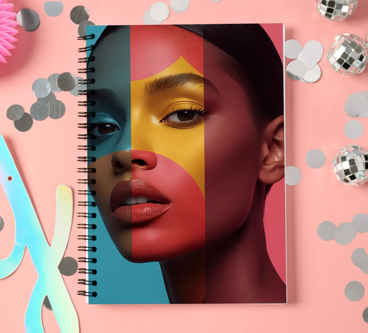 Woman's Face with Four Color Block Sections spiral notebook by DesignDoodle