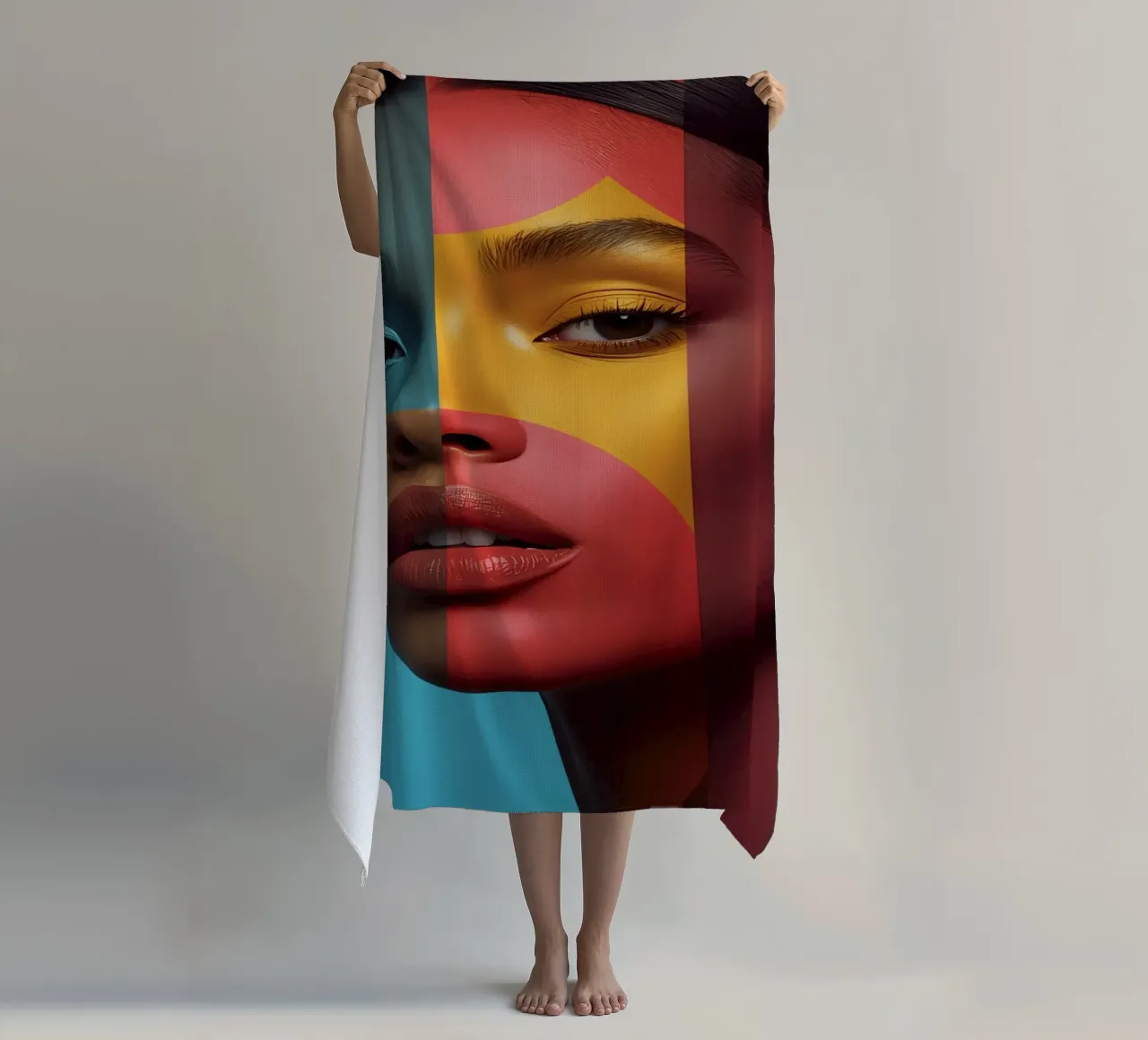 Woman's Face with Four Color Block Sections beach towel by DesignDoodle