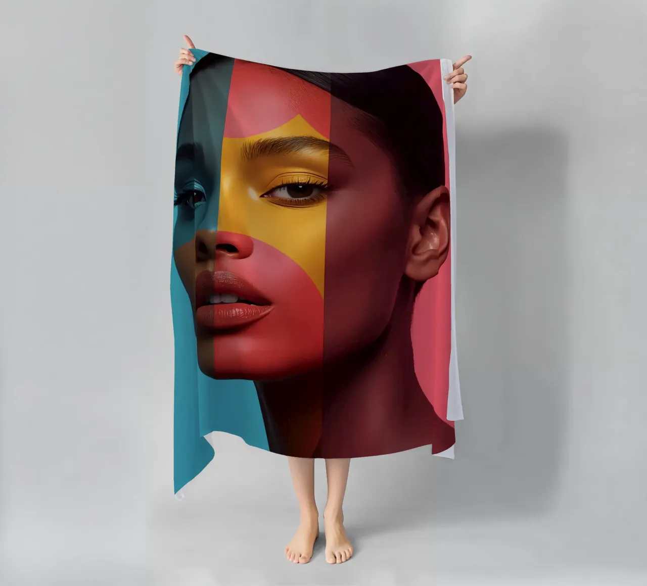 Woman's Face with Four Color Block Sections beach towel by DesignDoodle