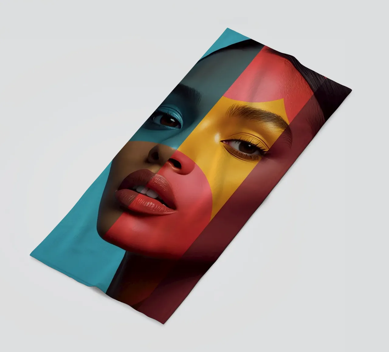 Woman's Face with Four Color Block Sections beach towel by DesignDoodle