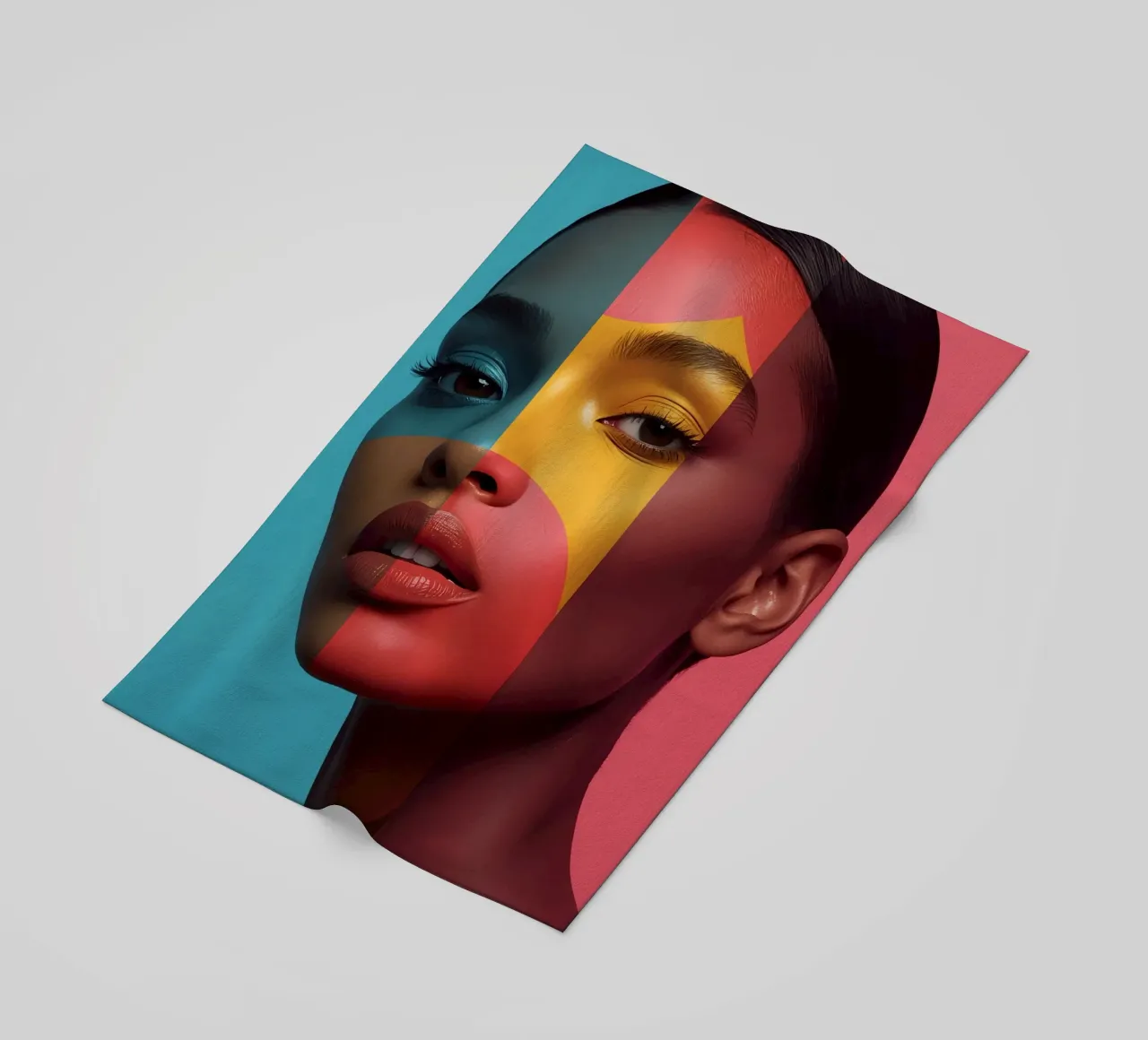 Woman's Face with Four Color Block Sections beach towel by DesignDoodle