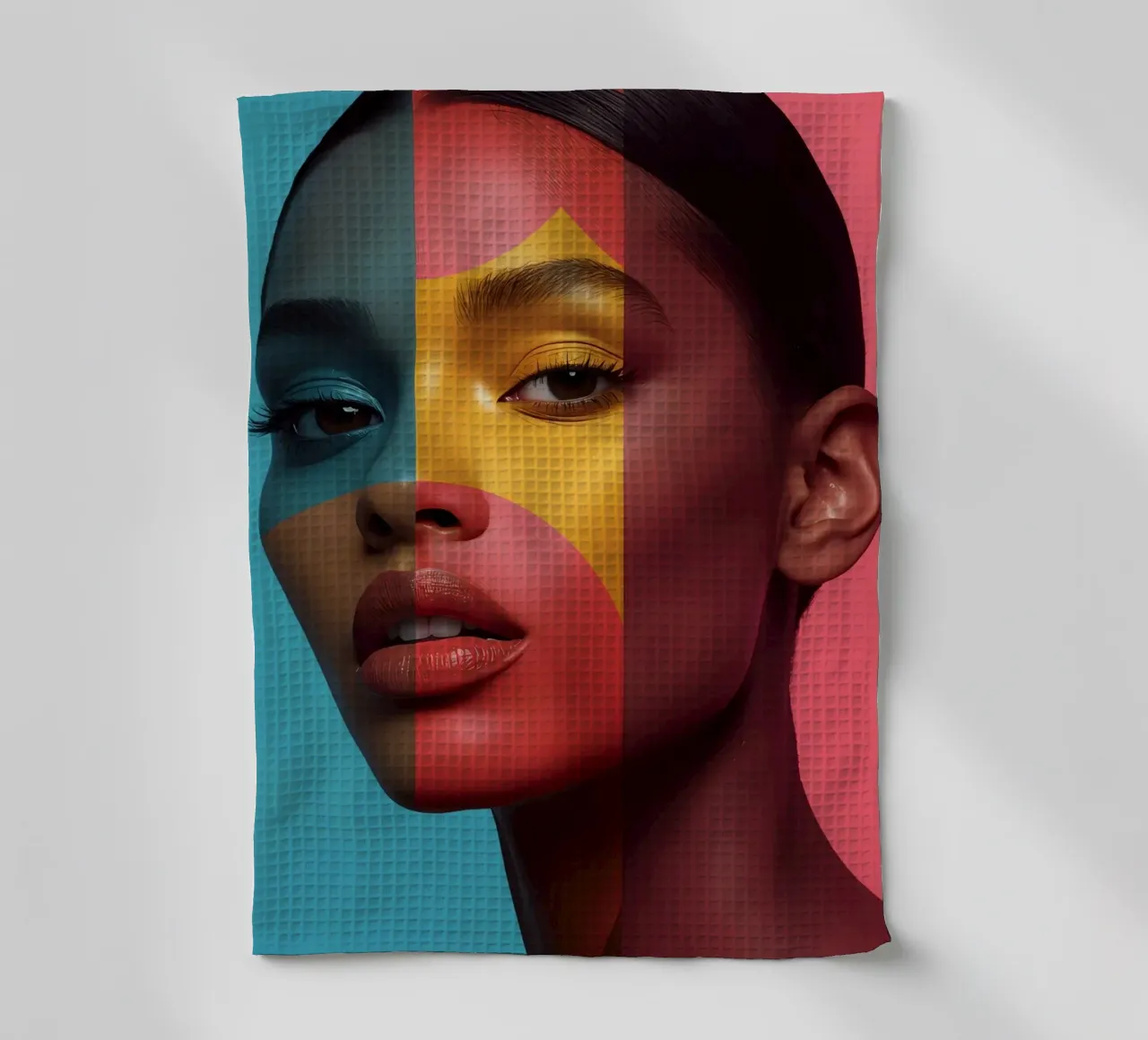 Woman's Face with Four Color Block Sections tea towel by DesignDoodle
