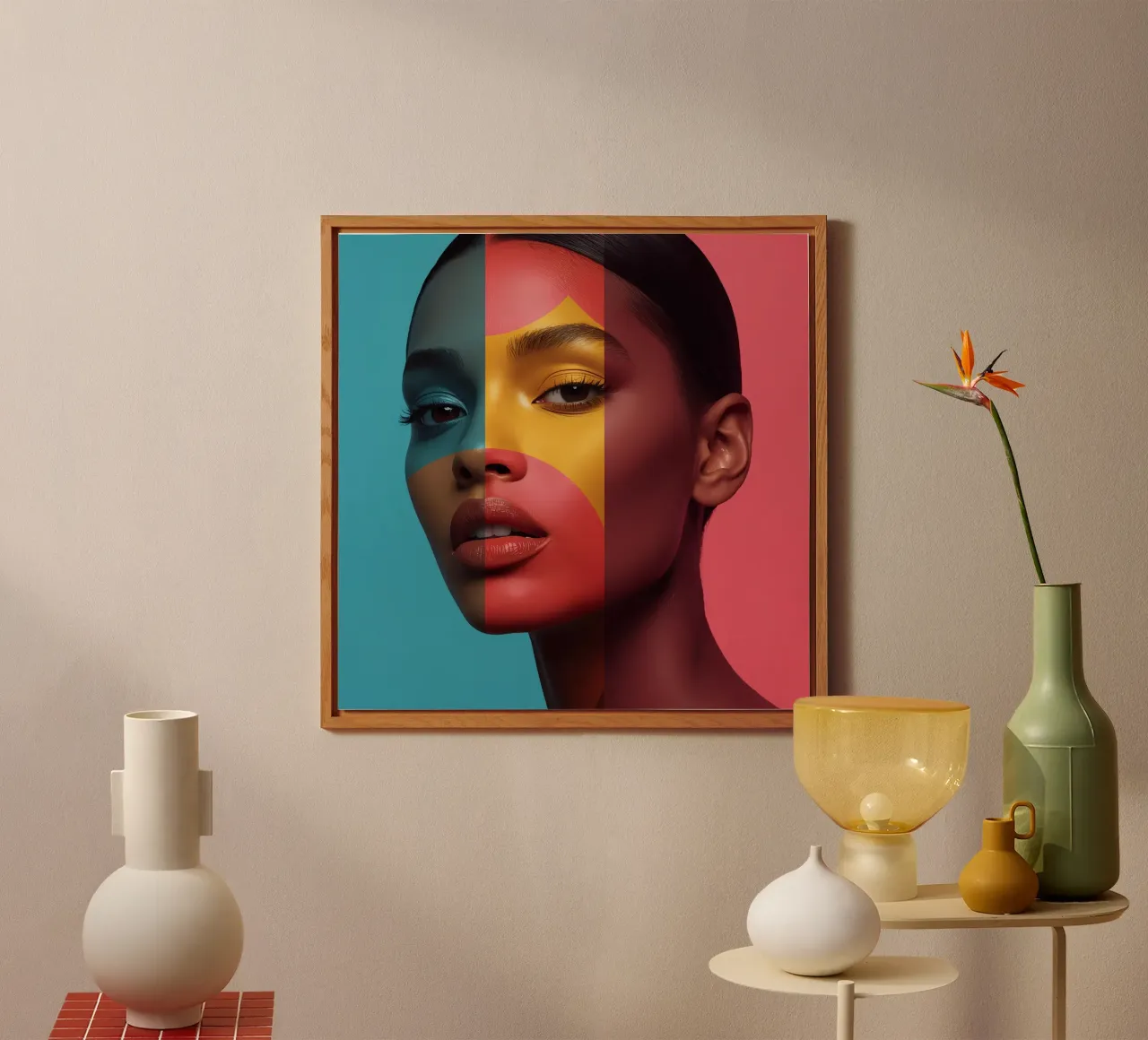 Woman's Face with Four Color Block Sections alu-dibond by DesignDoodle