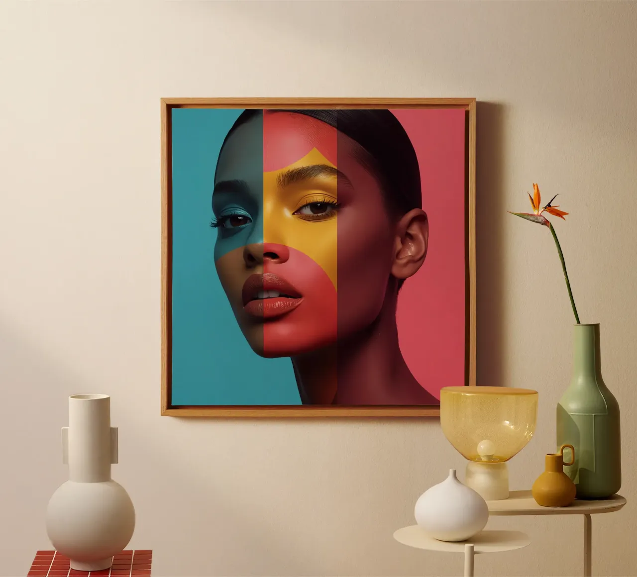 Woman's Face with Four Color Block Sections canvas with Floater frame by DesignDoodle