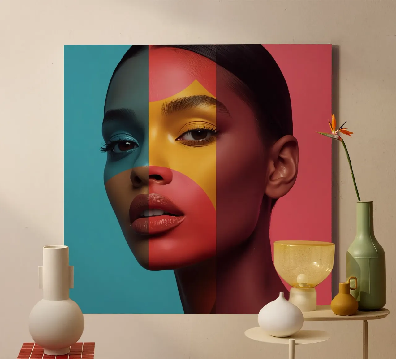 Woman's Face with Four Color Block Sections canvas with Floater frame by DesignDoodle