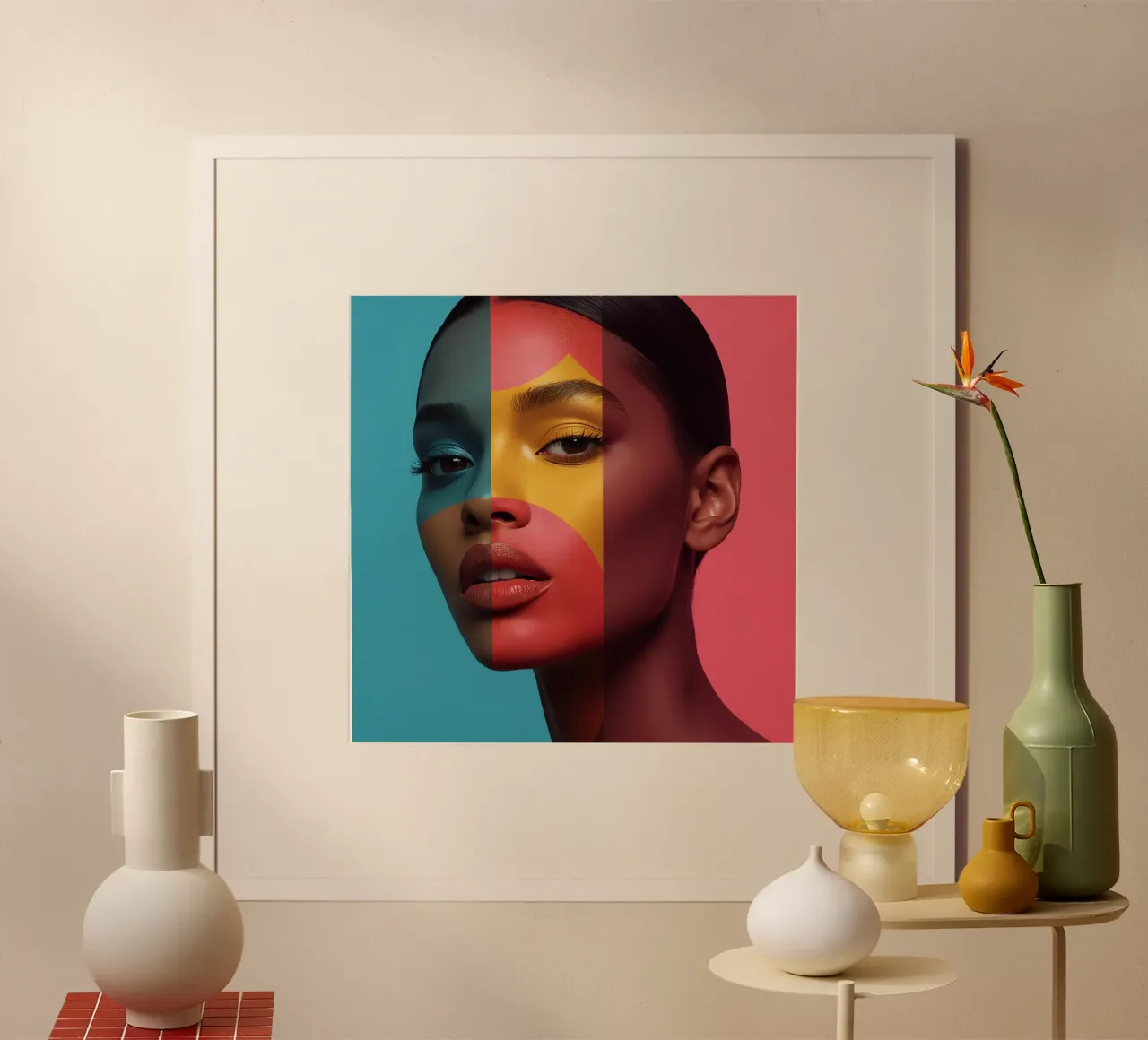 Woman's Face with Four Color Block Sections poster with aluminum frame by DesignDoodle