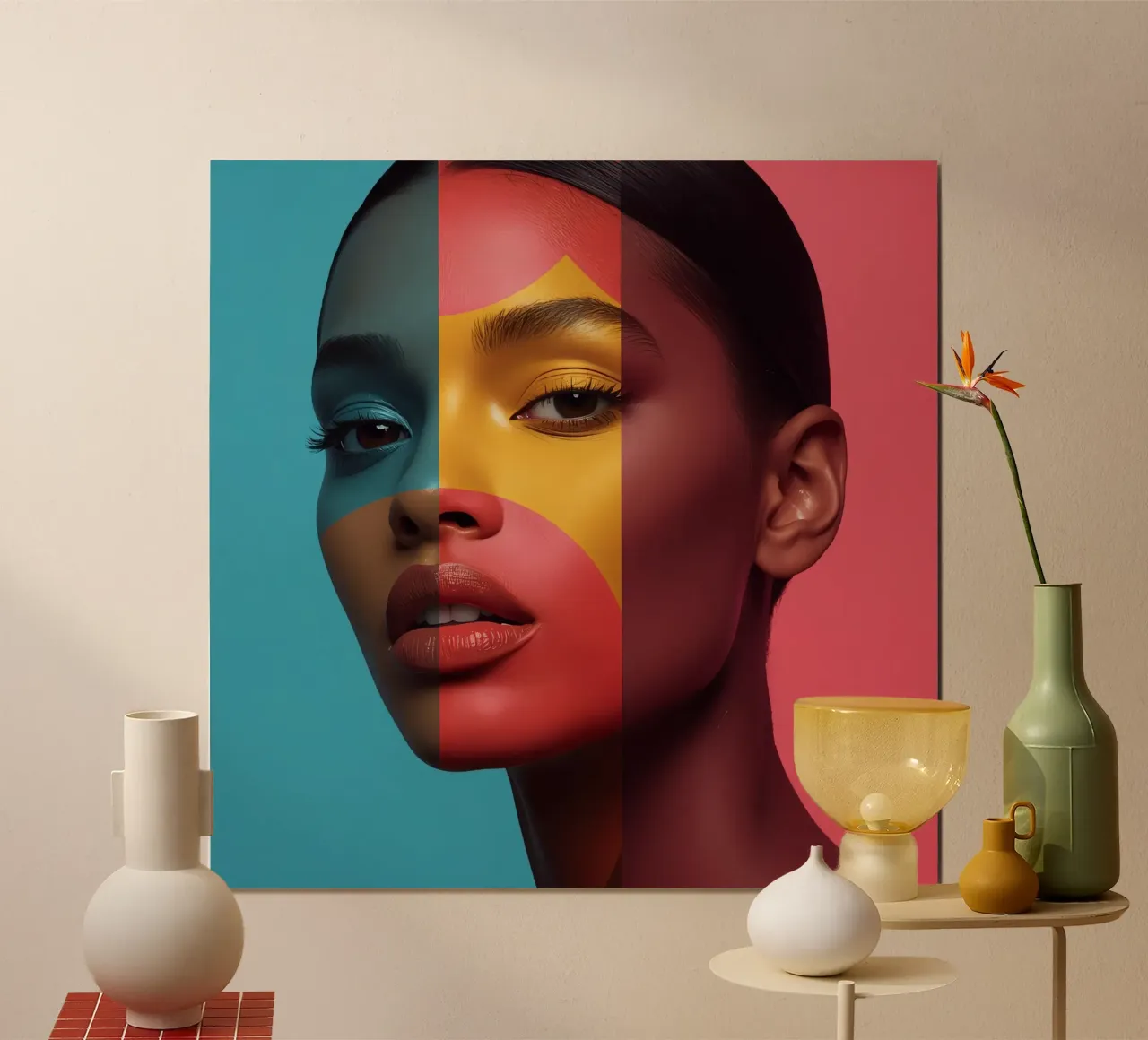 Woman's Face with Four Color Block Sections poster with aluminum frame by DesignDoodle