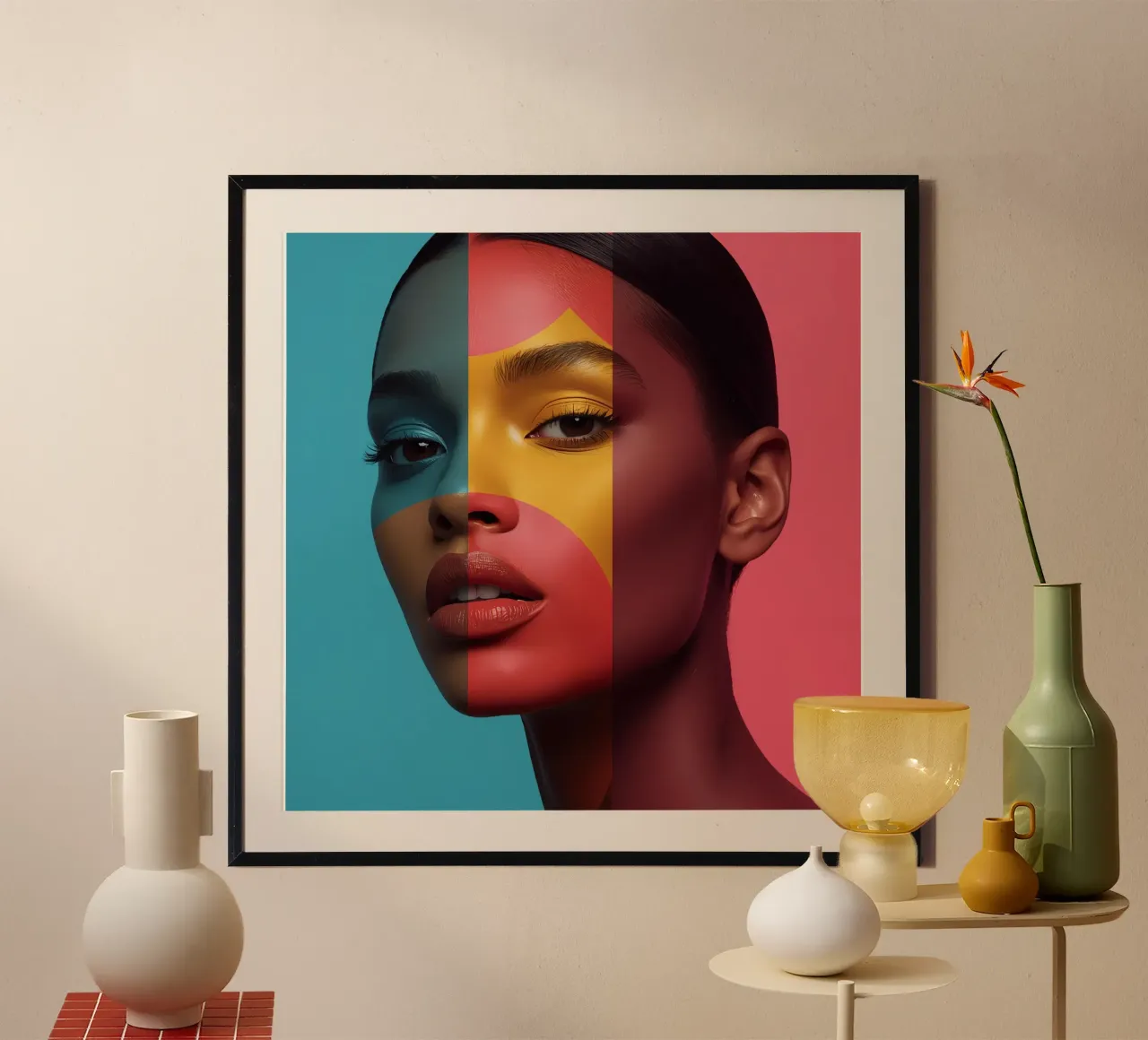 Woman's Face with Four Color Block Sections poster with aluminum frame by DesignDoodle