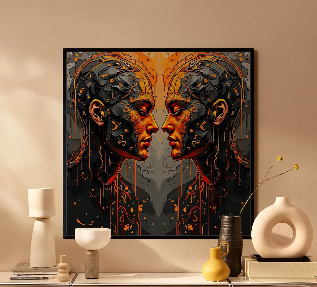 Immagine_specchio_arancione_3 poster con telaio in alluminio da AI-Portraits by LK