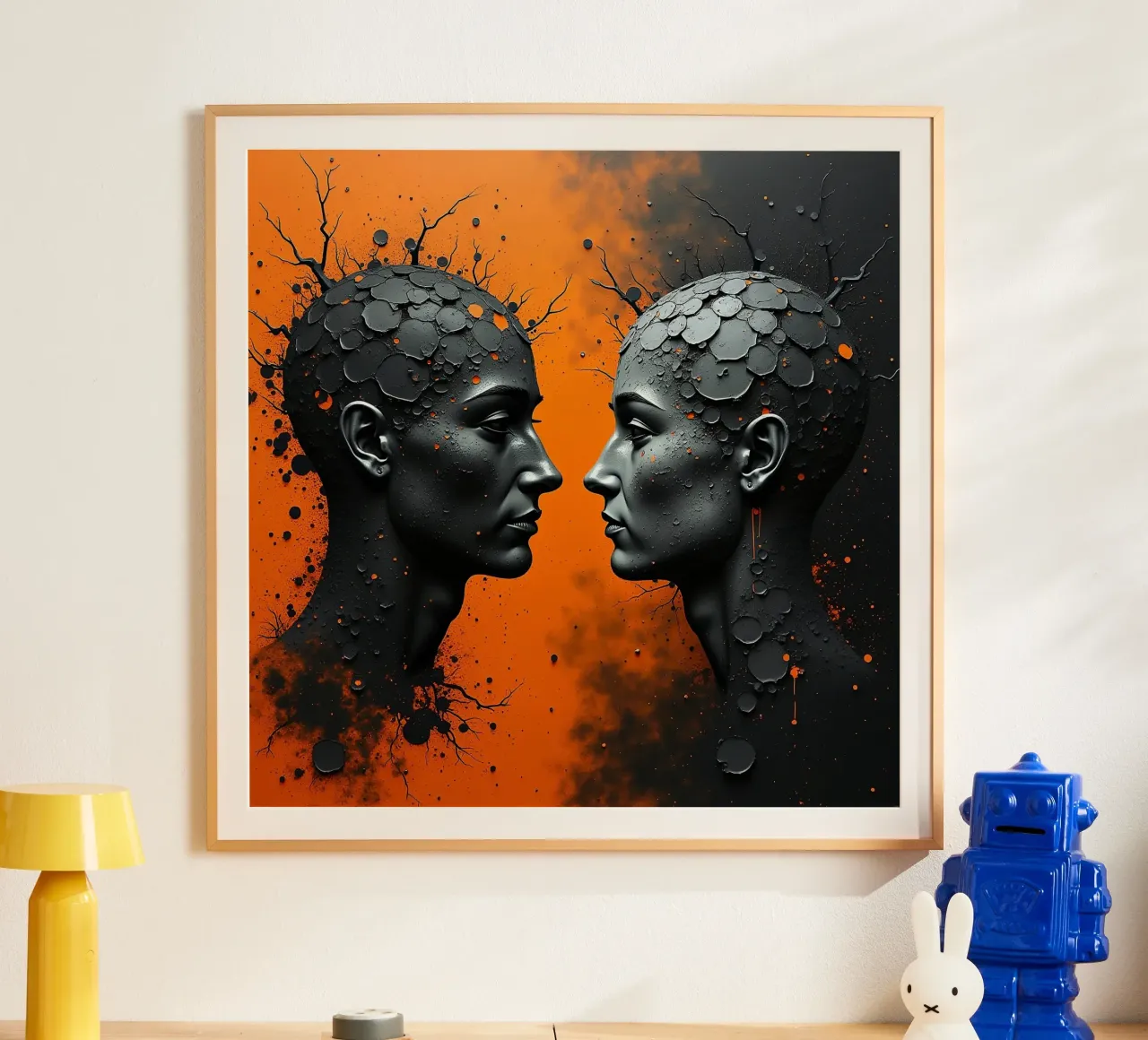 Immagine_specchio_arancione_4 poster con telaio in legno da AI-Portraits by LK