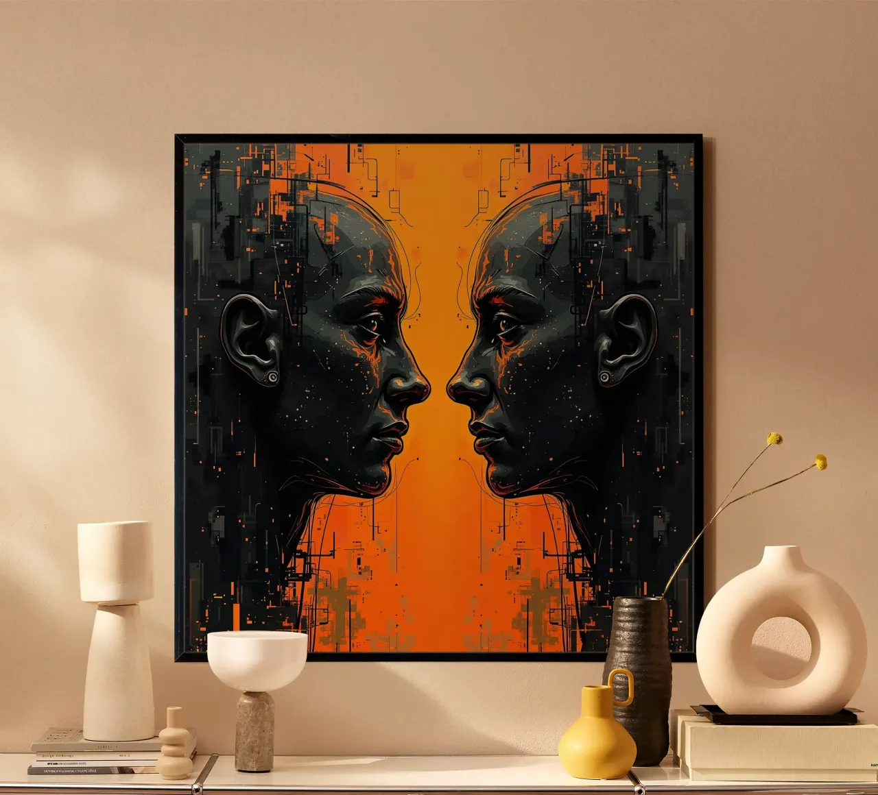 Immagine_specchio_arancione_8 poster con telaio in alluminio da AI-Portraits by LK
