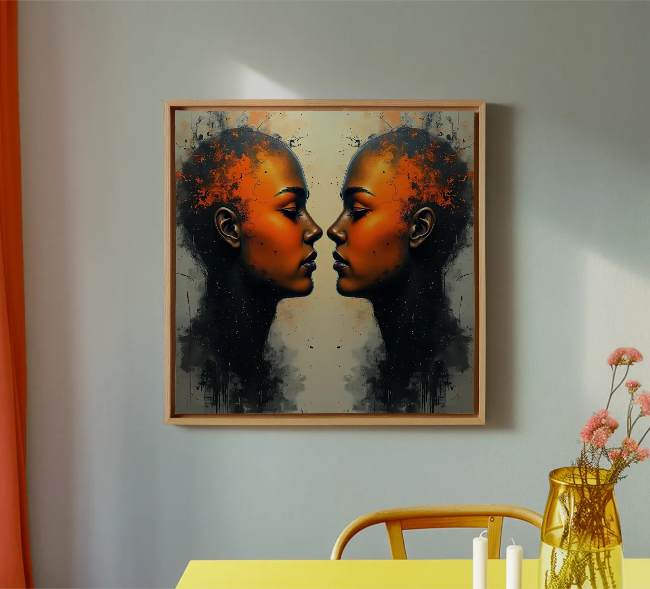 Mirror_image_orange_9 canvas with Floater frame by AI-Portraits by LK