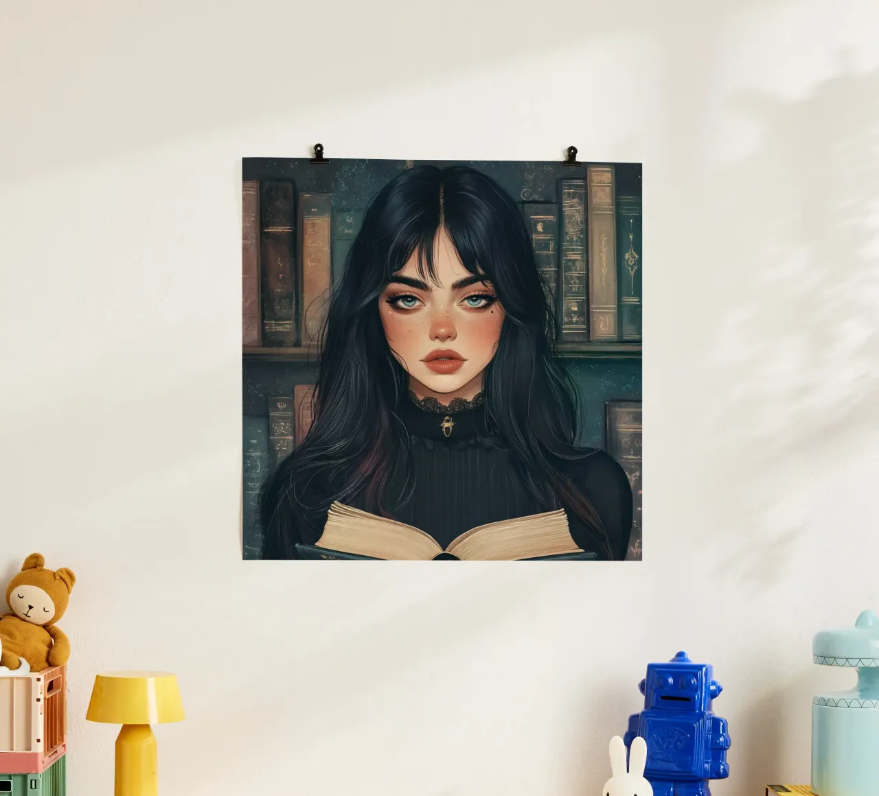 Donne e biblioteca poster con telaio in alluminio da pixel