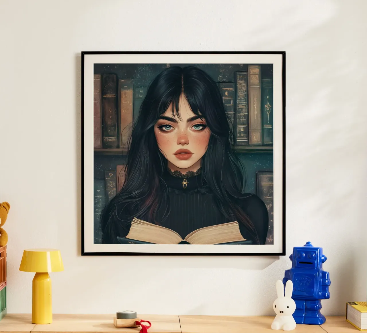 Donne e biblioteca poster con telaio in alluminio da pixel