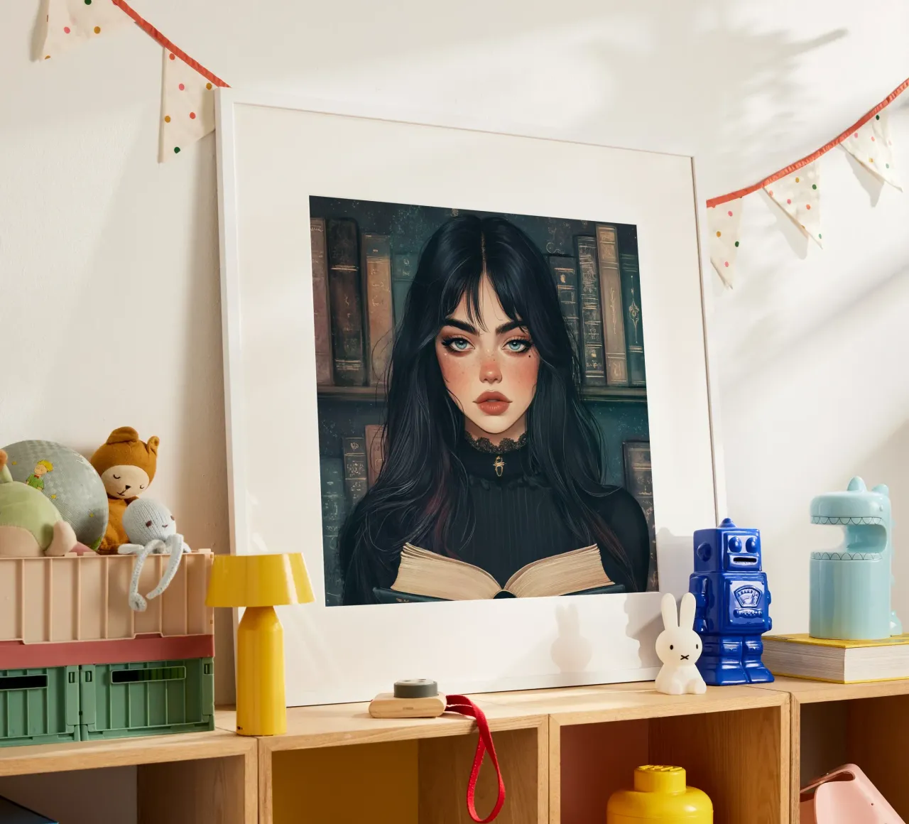Donne e biblioteca poster con telaio in alluminio da pixel