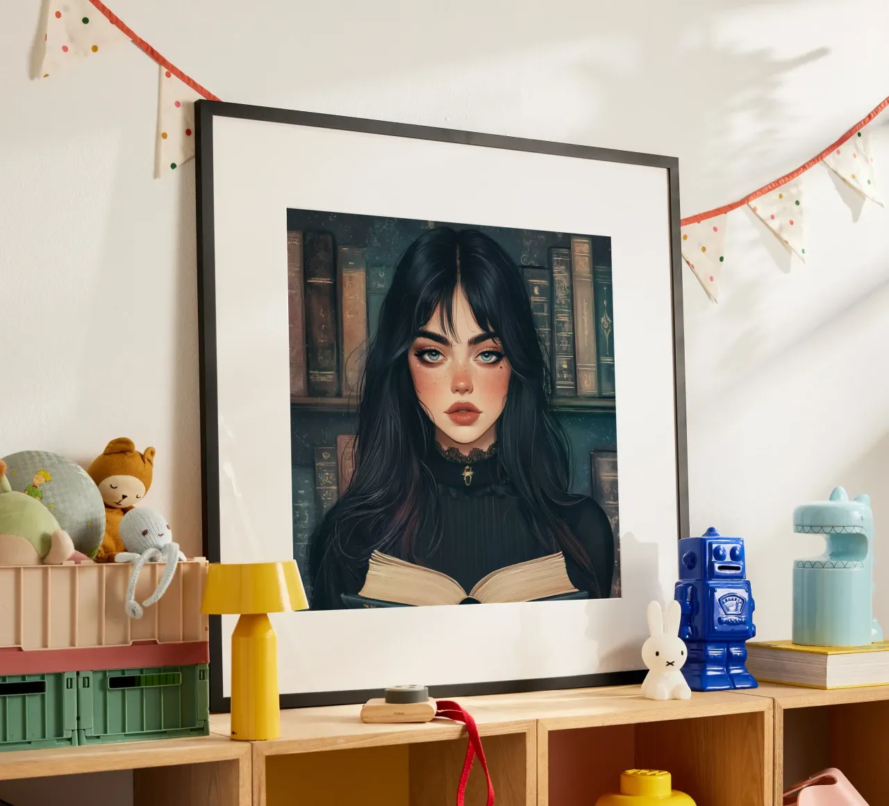 Donne e biblioteca poster con telaio in alluminio da pixel