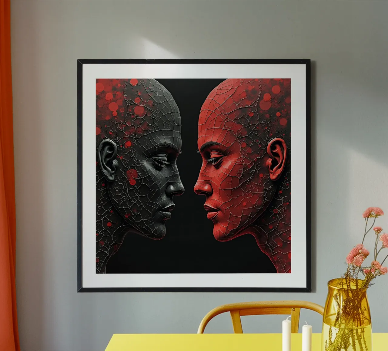 Immagine_specchio_rosso_1 poster con telaio in alluminio da AI-Portraits by LK