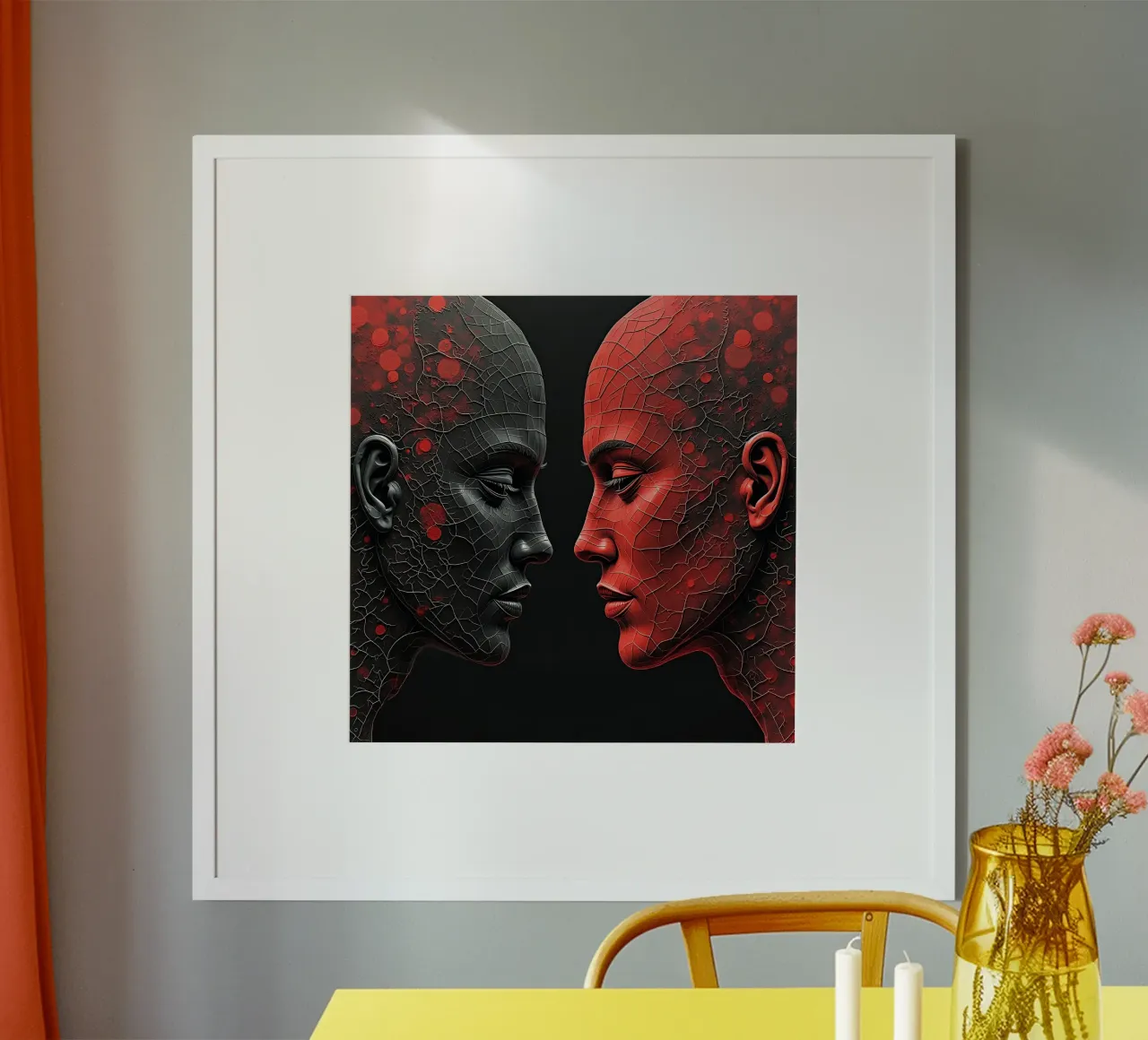 Immagine_specchio_rosso_1 poster con telaio in alluminio da AI-Portraits by LK
