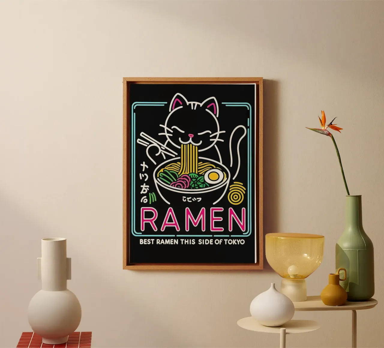 Neon Ramen Cat tela con Cornice a cassetta da Nando Art