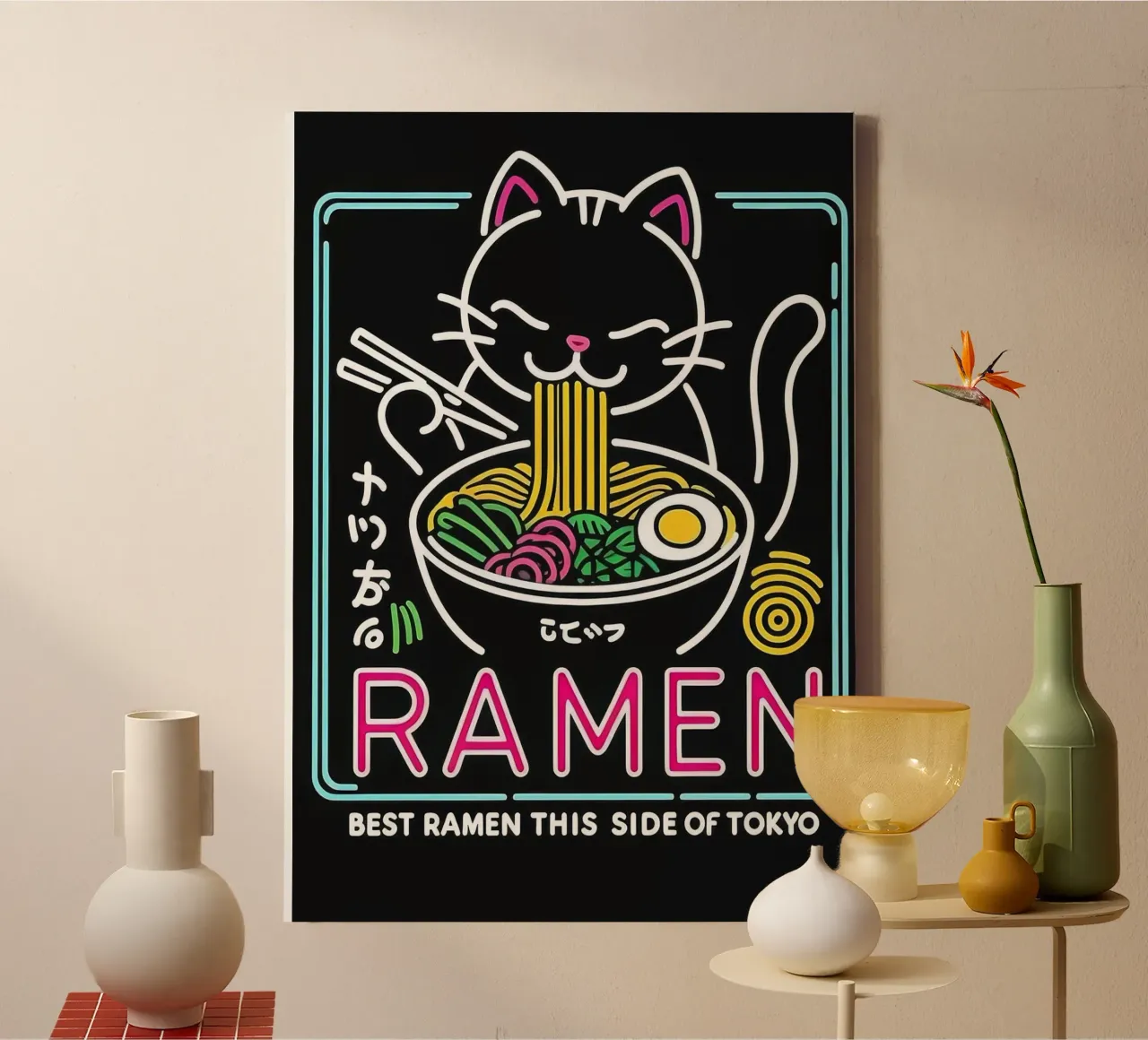 Neon Ramen Cat tela con Cornice a cassetta da Nando Art