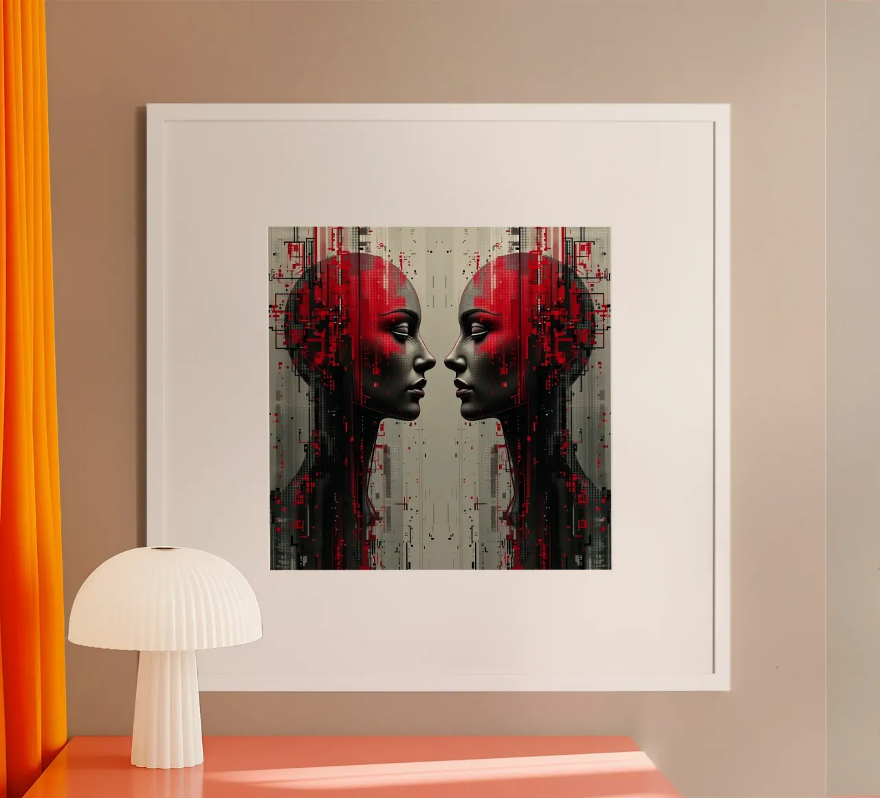 Immagine_specchio_rosso_4 poster con telaio in legno da AI-Portraits by LK