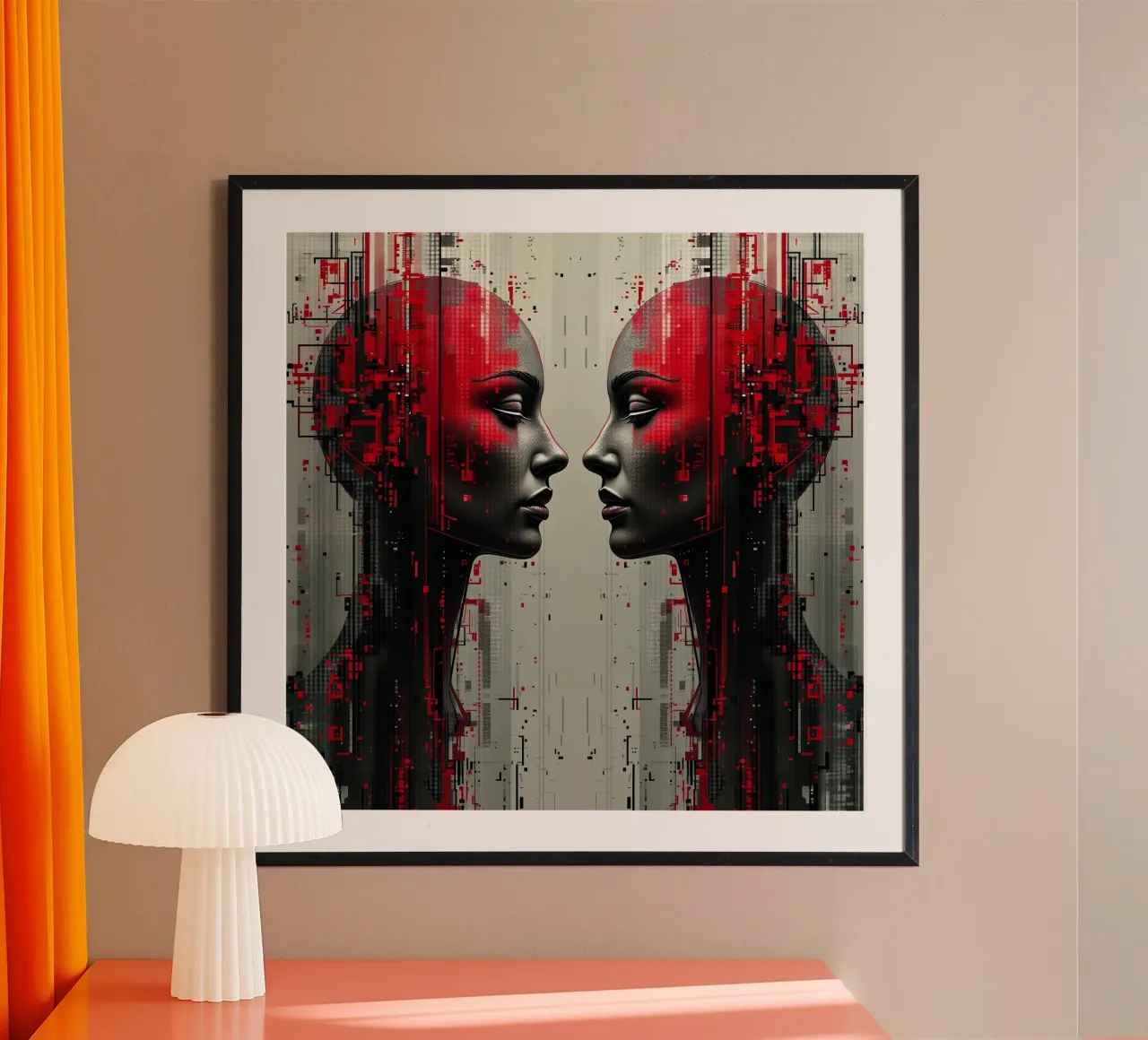 Immagine_specchio_rosso_4 poster con telaio in legno da AI-Portraits by LK