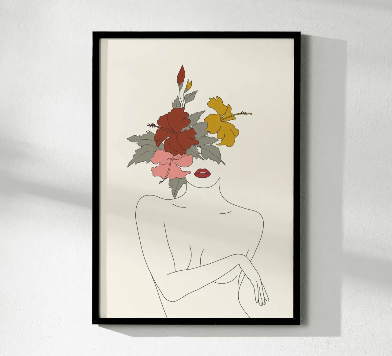 Colorful Thoughts Minimal Line Art Woman with Hibiscus poster con telaio in legno da Nadjaa