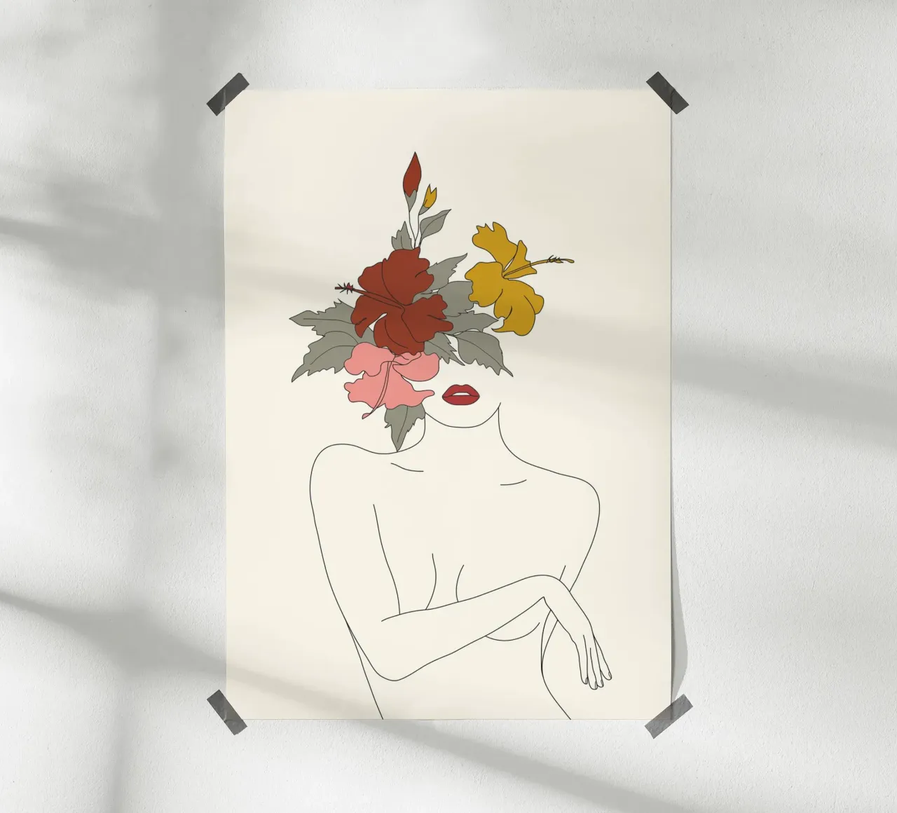 Colorful Thoughts Minimal Line Art Woman with Hibiscus poster con telaio in legno da Nadjaa