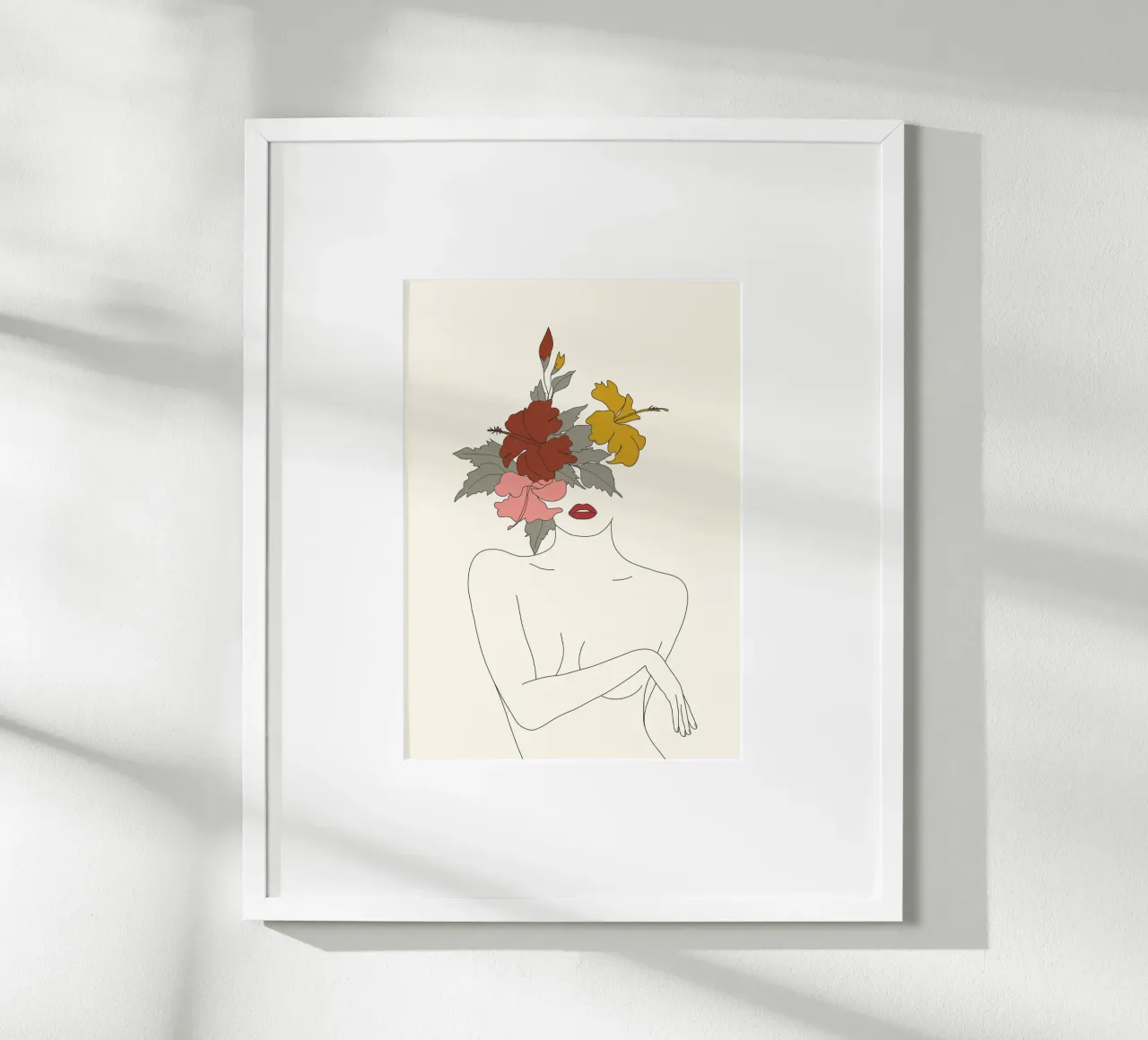 Colorful Thoughts Minimal Line Art Woman with Hibiscus poster con telaio in legno da Nadjaa