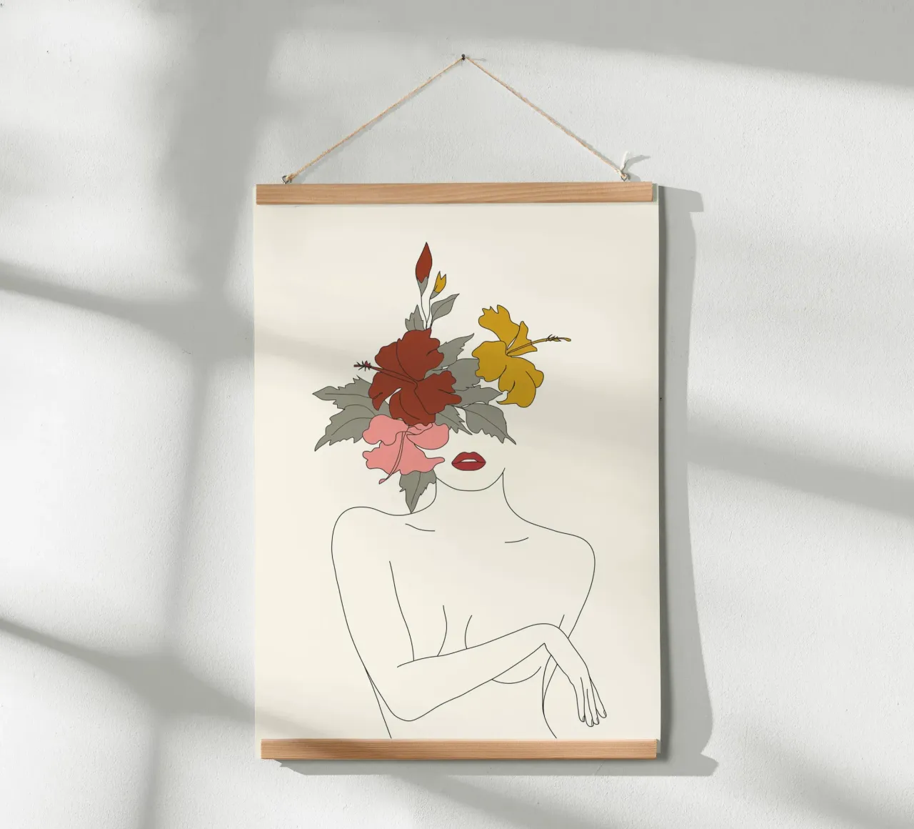 Colorful Thoughts Minimal Line Art Woman with Hibiscus poster con telaio in legno da Nadjaa