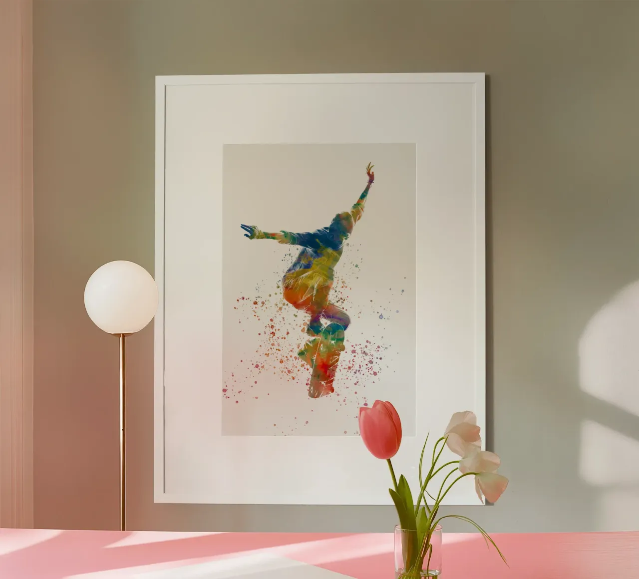Pattinatore ad acquerello poster con telaio in legno da ⚽ Sports Pulse