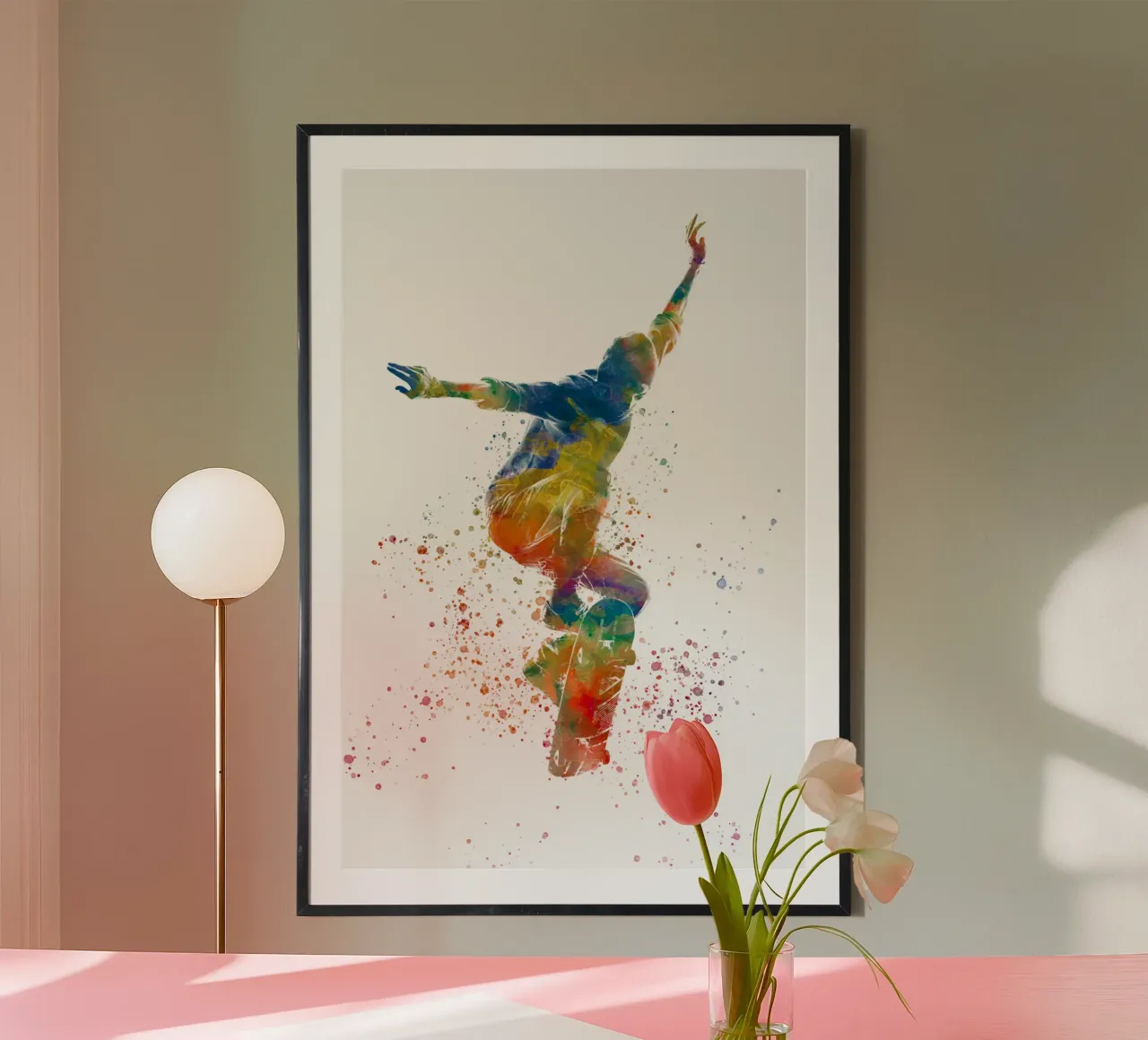 Pattinatore ad acquerello poster con telaio in legno da ⚽ Sports Pulse