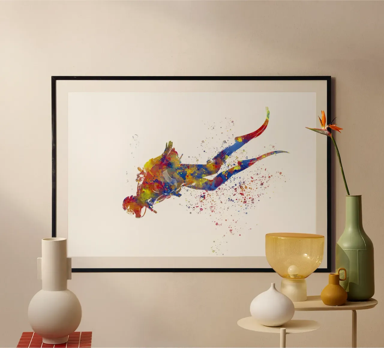 Tuffatore in acquerello poster con telaio in alluminio da ⚽ Sports Pulse