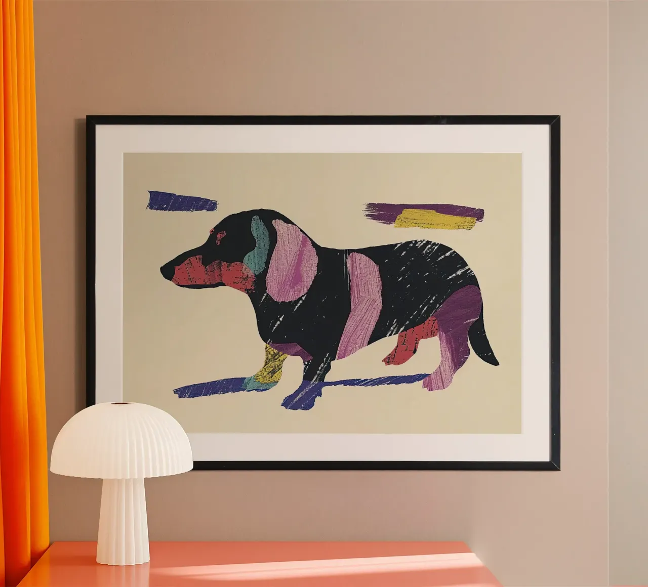 Colour Block Dachshund Poster mit Holzrahmen von DaarbyN
