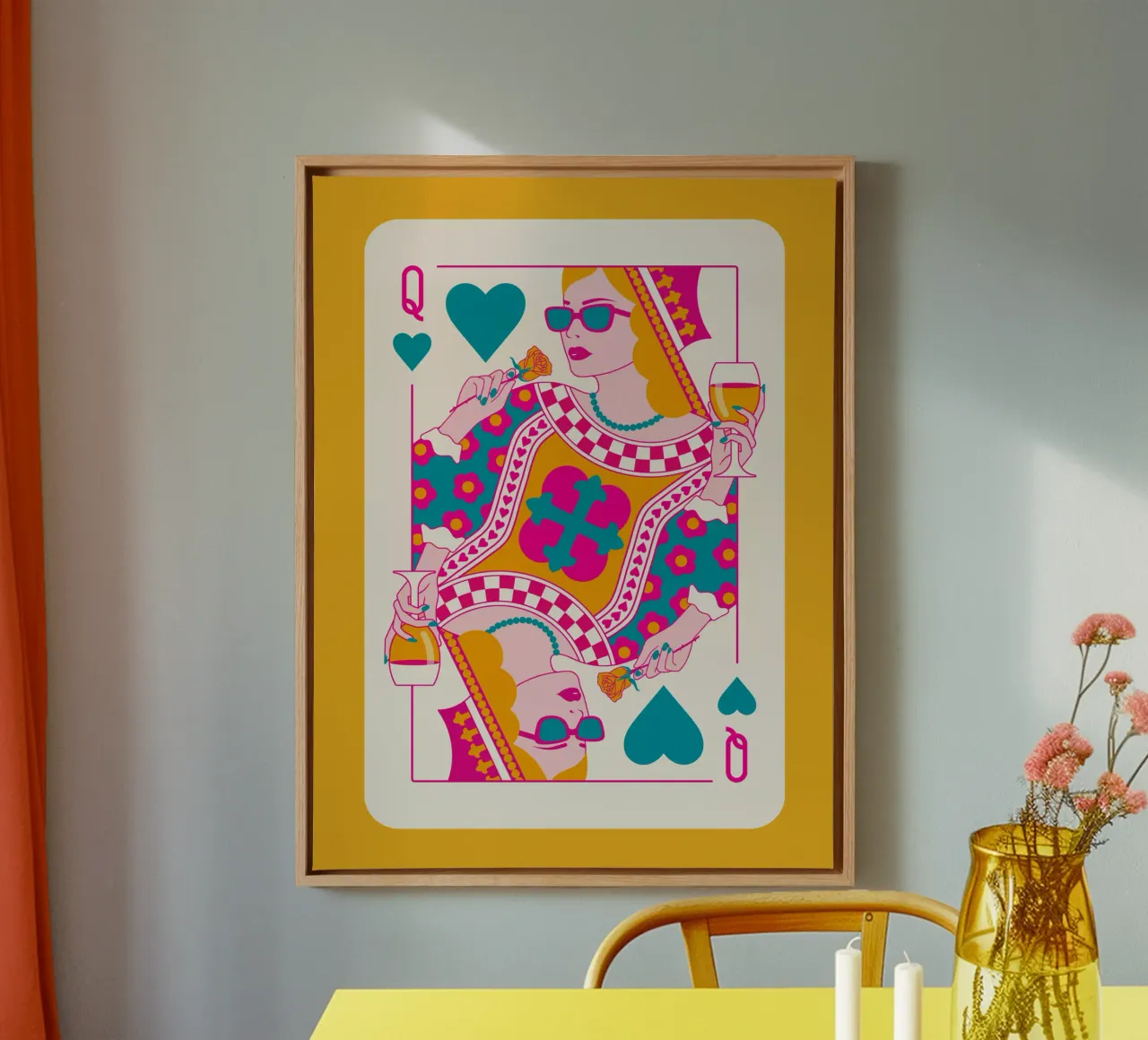 Regina di cuori - Arancione Magenta Blu tela con Cornice a cassetta da Asha Designs