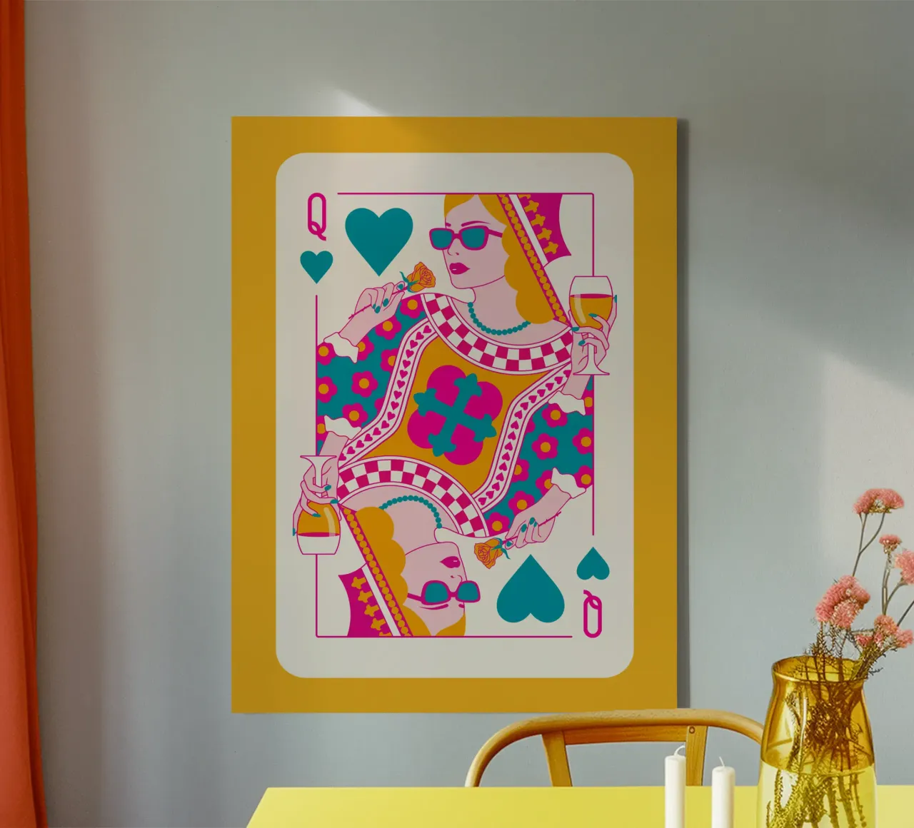 Regina di cuori - Arancione Magenta Blu tela con Cornice a cassetta da Asha Designs