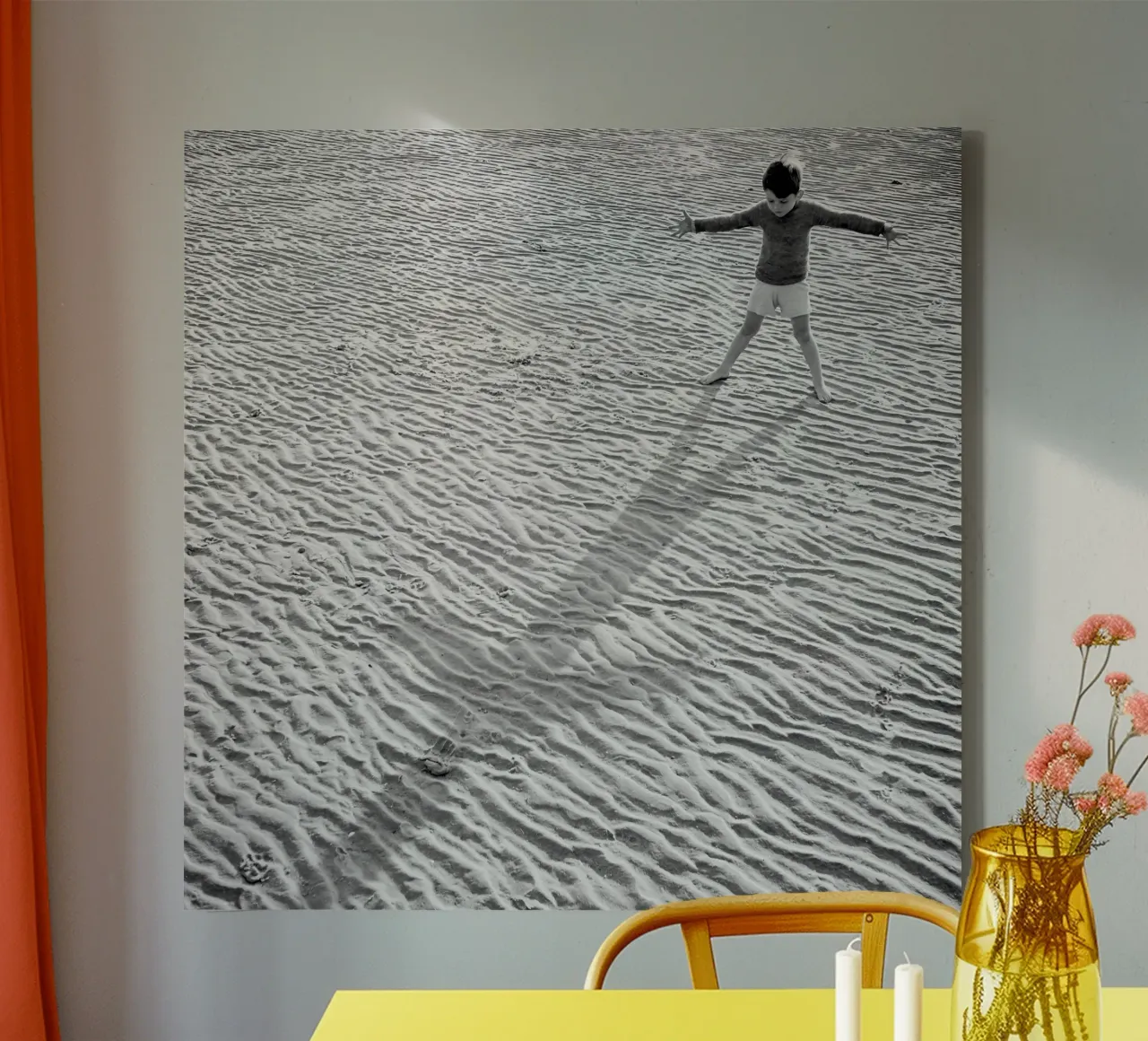 Little Boy and Shadow on Beach, Black and White Old Photo canvas met Baklijst van Vibrant Vintage Prints