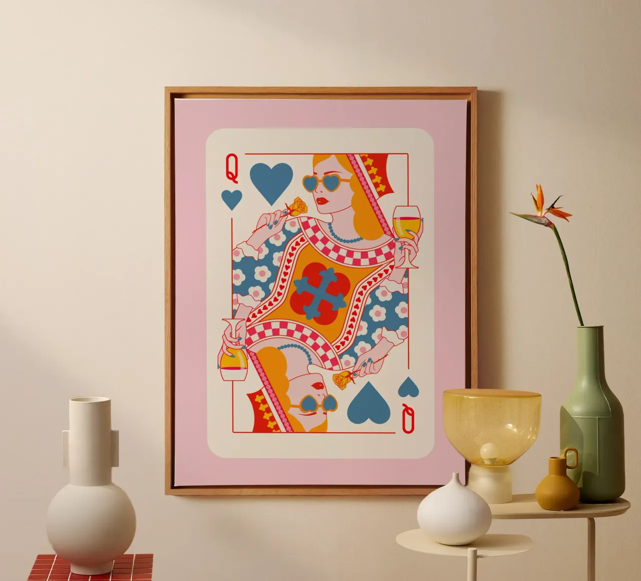 Regina di cuori - Arancione Rosso Blu Rosa tela con Cornice a cassetta da Asha Designs