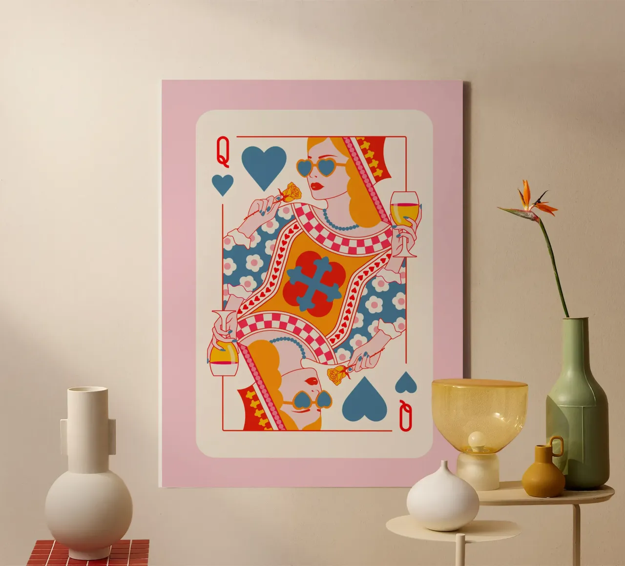 Regina di cuori - Arancione Rosso Blu Rosa tela con Cornice a cassetta da Asha Designs