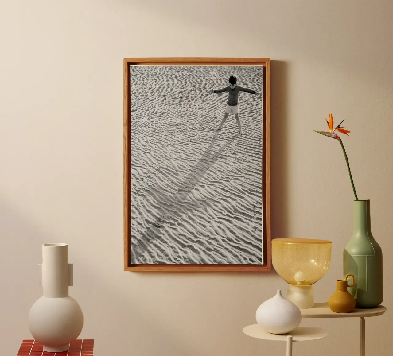 Little Boy and Shadow on Beach Black and White Old Photo canvas with Floater frame by Vibrant Vintage Prints